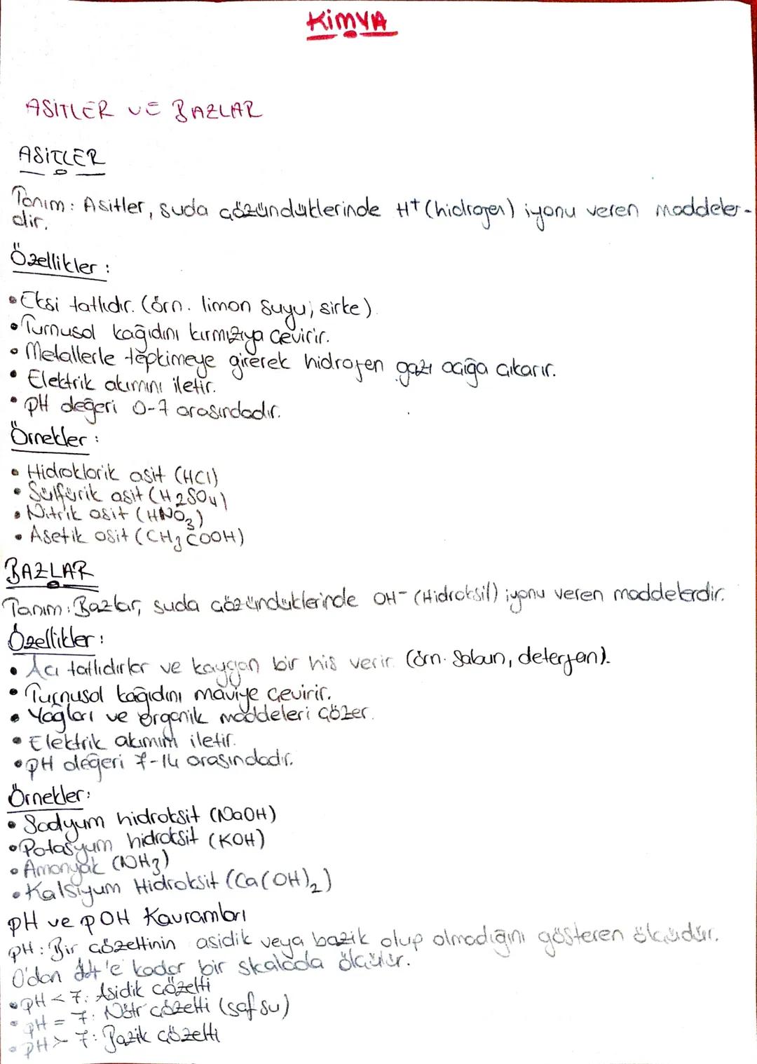 Kimya
ASITLER VE BAZLAR
ASITLER
Tenim: Asitler, suda çözündüklerinde H+ (hidroger) iyonu veren maddeler-
Özellikler:
• Etsi tatlıdır. (órn. 