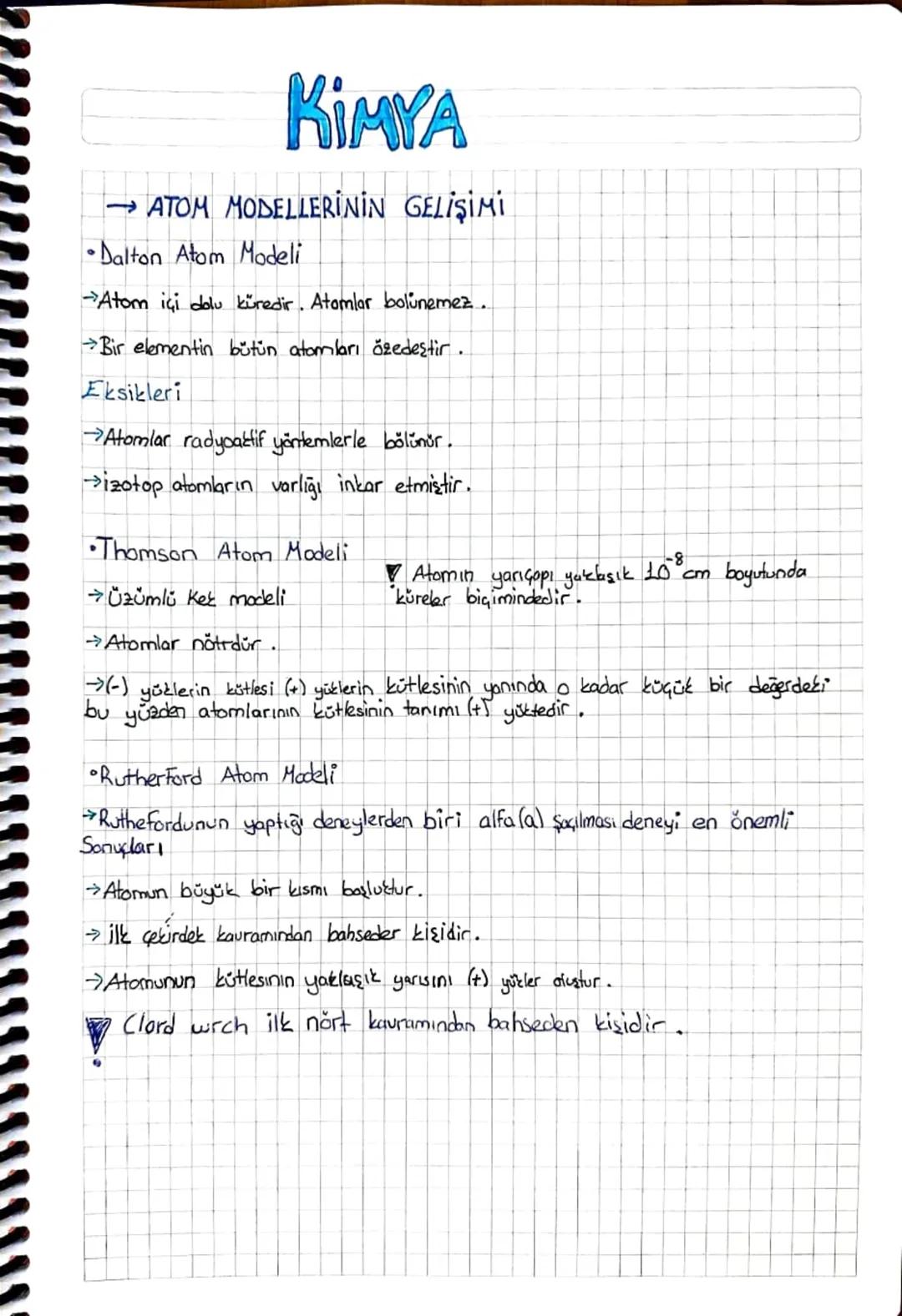 KIMYA
→ATOM MODELLERİNİN GELİŞİMİ
Dalton Atom Modeli
Atom içi dolu küredir. Atomlar bolunemez.
Bir elementin bütün atomları ŏzedeştir.
Eksik