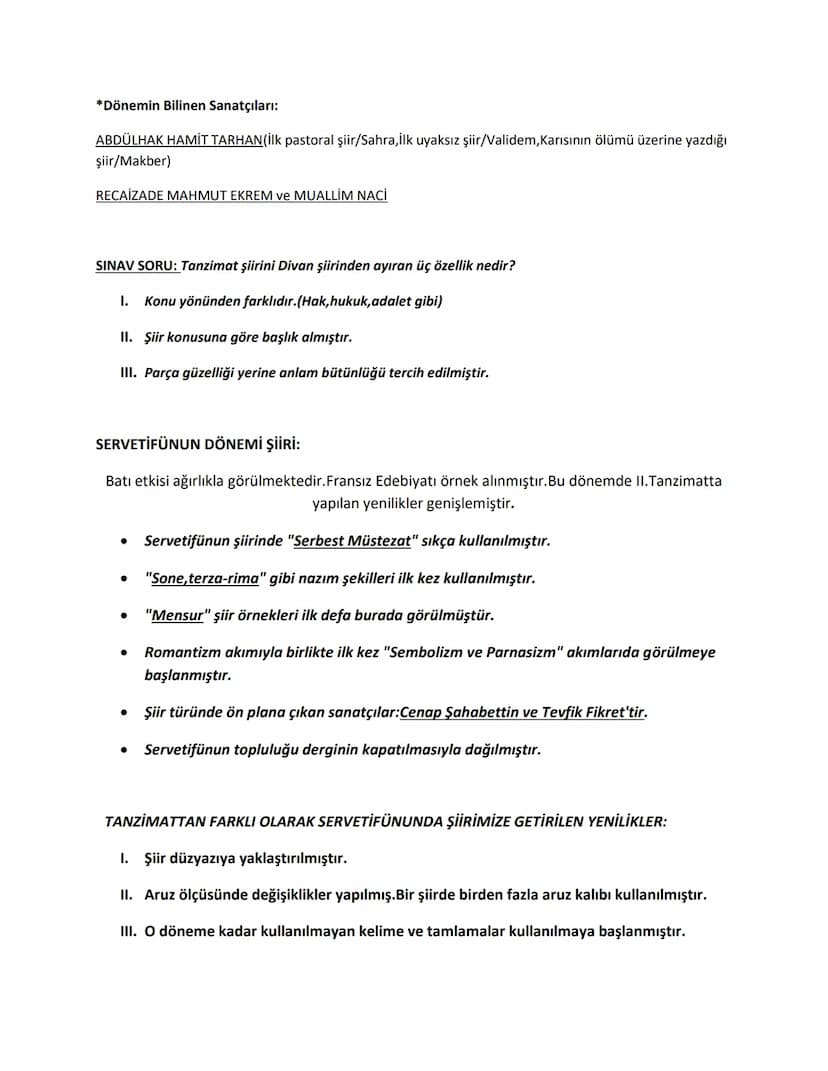 11.SINIF EDEBİYAT DERS NOTLARI
Tanzimat Dönemi Şiiri Hakkında Bilgiler: BATI ETKİSİ/19.yy
1. Biçim eski içerik yenidir.
II. Parça güzelliği 