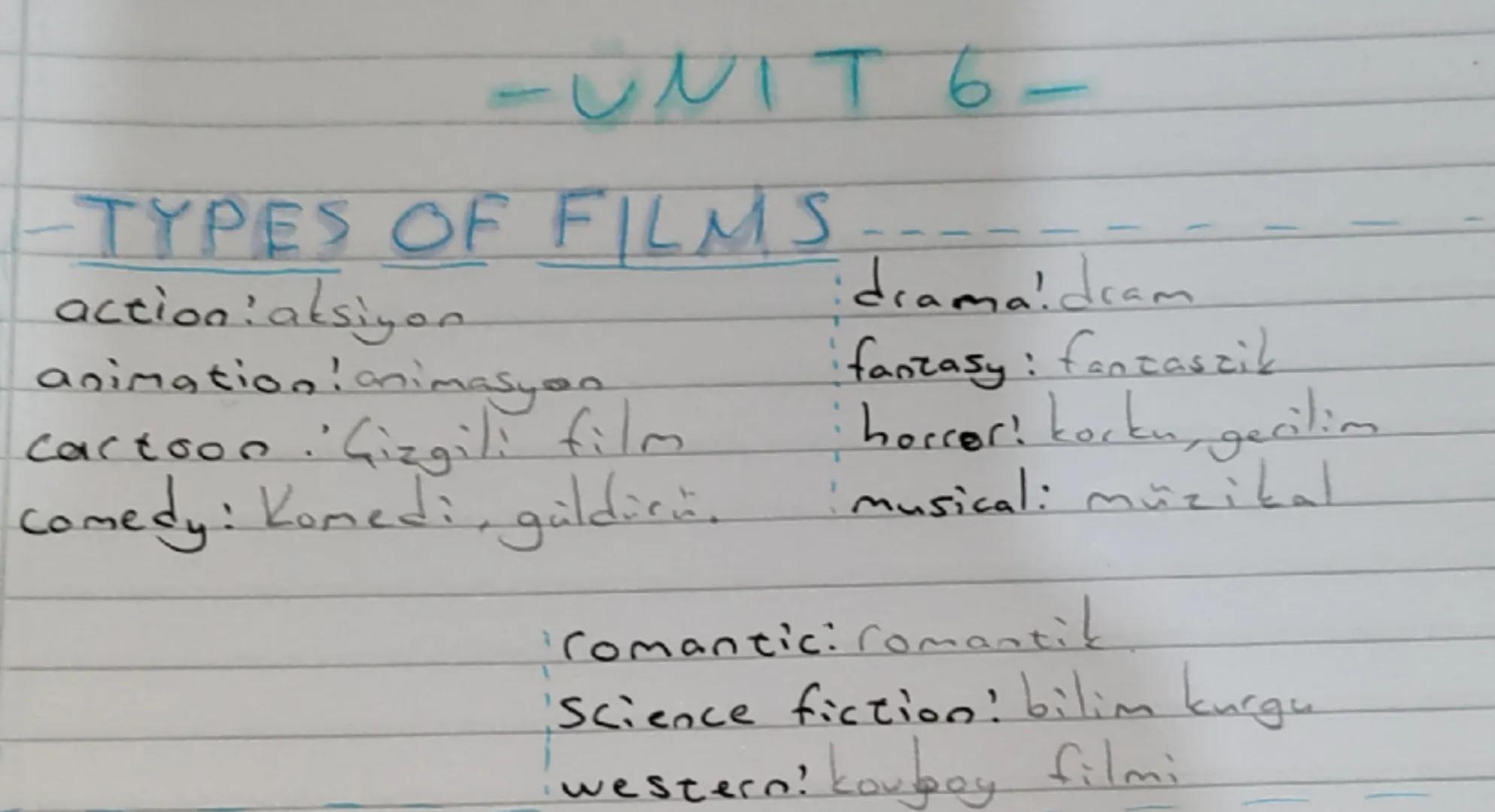 - UNIT 6-

-TYPES OF FILMS --
action:aksiyon
animation: animasyon
cartoon. Çizgili film
•
comedy: Komedi, güldürü.
---
idramaidram
fantasy: 