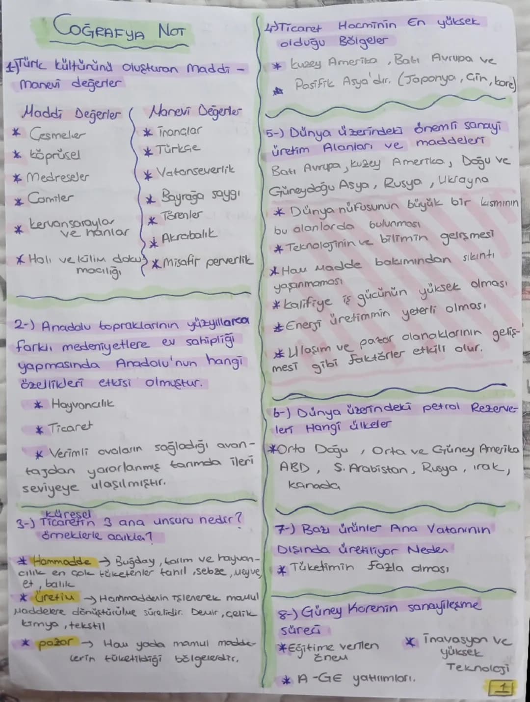 COĞRAFYA NOT
Türk kültürünü oluşturan Maddi -
Manevi değerter
Maddi Değerler
* Cesmelier
* köprüsel
* Medreseler
* Camiler
* kervansaraylor
