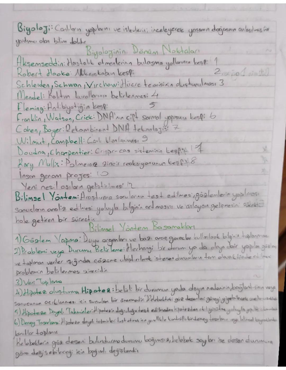 Biyolojinin Dönüm Noktaları Ve Bilimsel Yöntem Basamakları Özet
