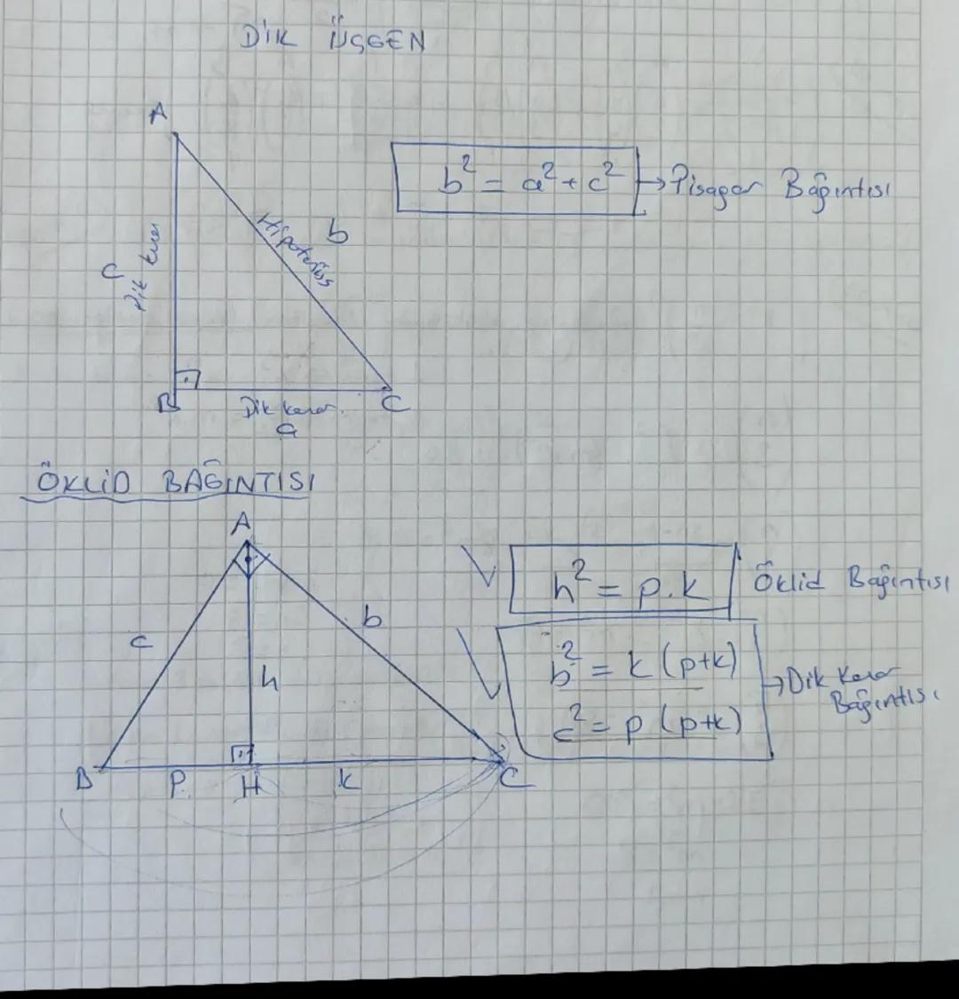 DIK ÜÇGEN
A
b² = a²+c² Pisagar Bağıntısı
Dit kur
C
b
Hipoteriss
Dik keran
ÖKLID BAGINTISI
A
h²=p.k Öklid Bağıntısı
b
C
4
7:2
b
²= p (p+c)
Ba