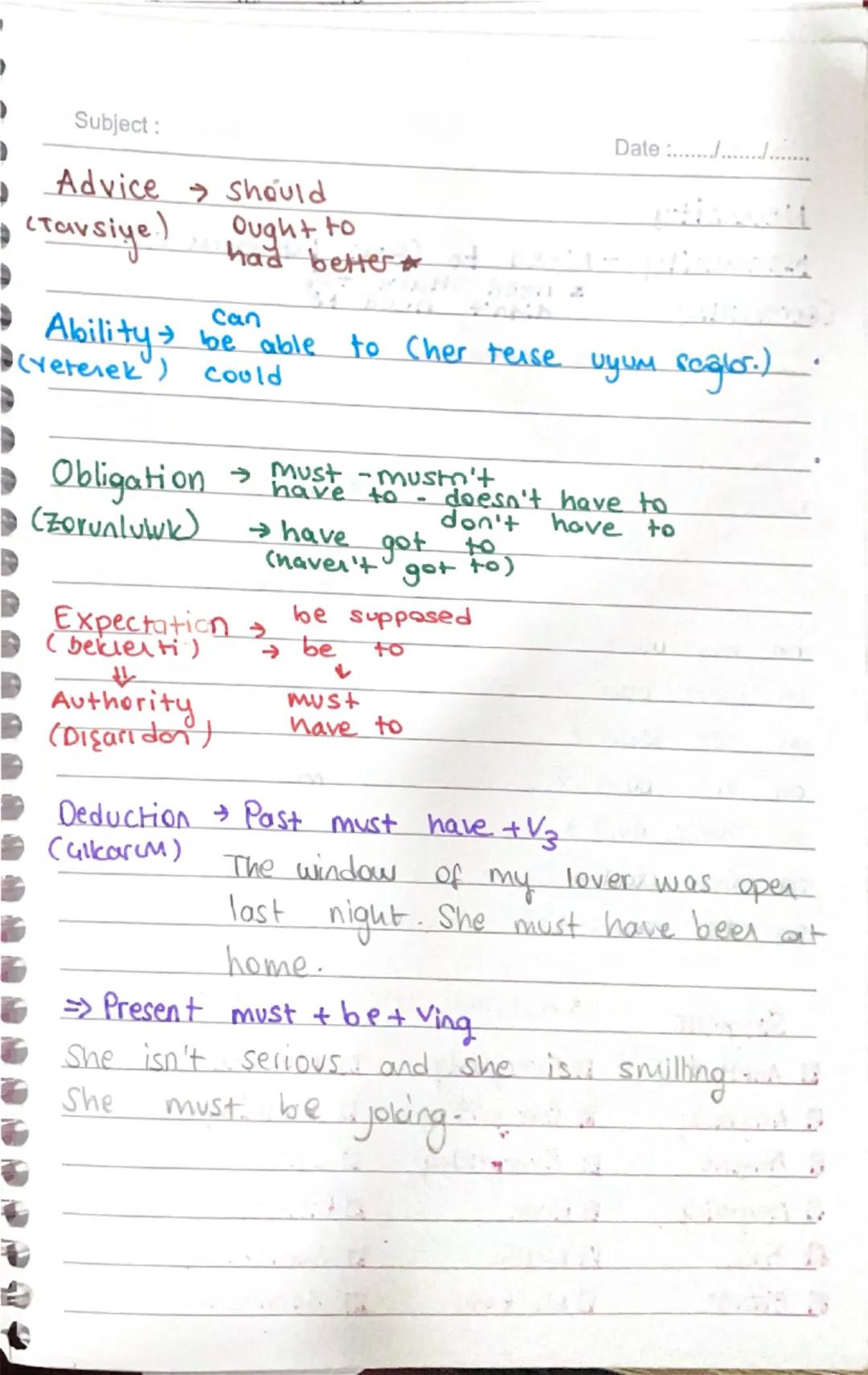 Subject:
Advice should
(Tavsiye.)
Ought to
had better
-
Date :................
can
Ability be able to Cher terse uyum sağlar.)
(Yetenek) cou