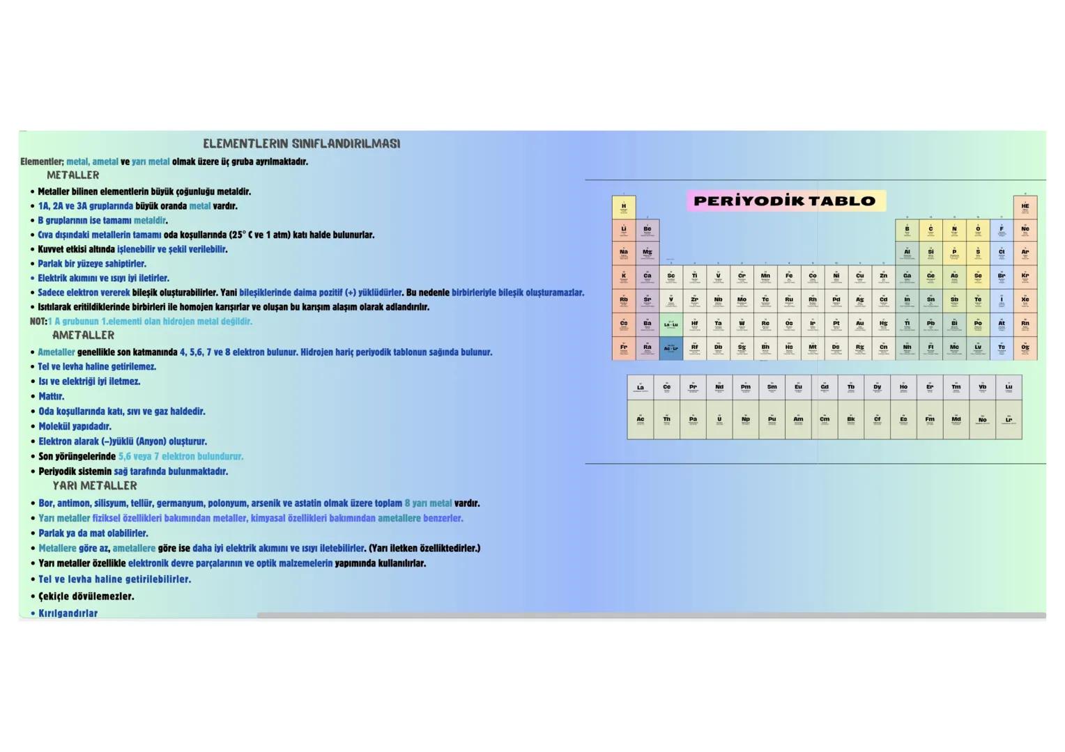 ELEMENTLERIN SINIFLANDIRILMASI
Elementler; metal, ametal ve yarı metal olmak üzere üç gruba ayrılmaktadır.
METALLER
• Metaller bilinen eleme