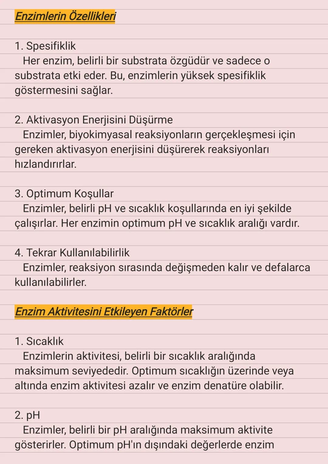 Enzimler
Enzimler, biyokimyasal reaksiyonları hızlandıran protein
yapısındaki biyolojik katalizörlerdir. Her enzim, belirli bir
reaksiyonu k