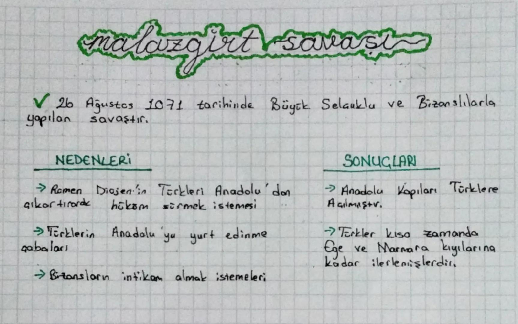 # malozofir savast

✓ 26 Ağustos 1071 tarihinde Büyük Selauklu ve Bizanslılarla
yapılan savaştır

### NEDENLERİ

→Romen Diojenin Türkleri An