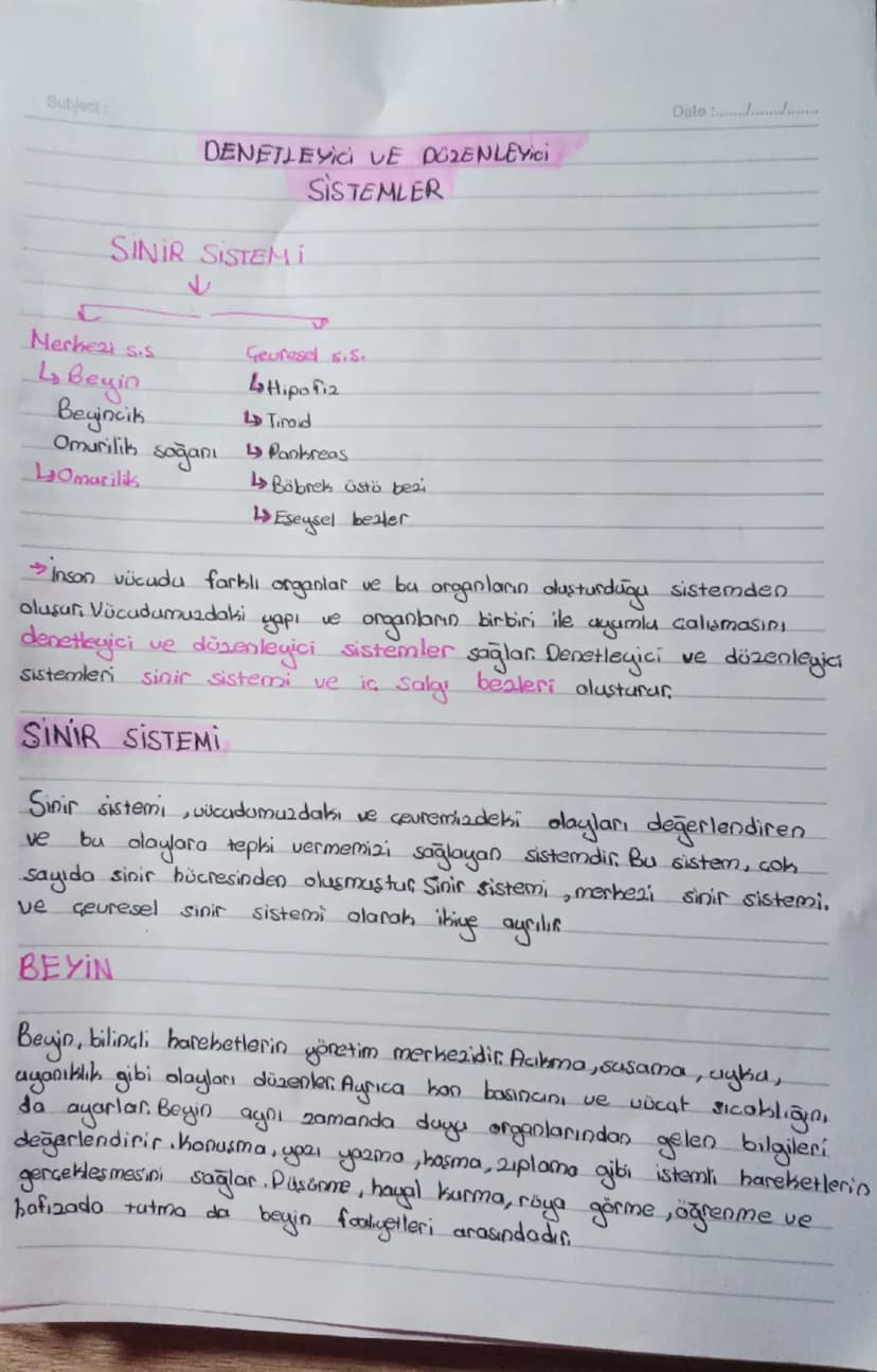 # Subject:

Date:

DENETLEYİCİ VE DÜZENLEYİCİ
SİSTEMLER

## SİNİR SİSTEMİ
↓

Merkezi s.s.     Geucesel s.s.
- Beyin         - Hipofiz
- Beyi