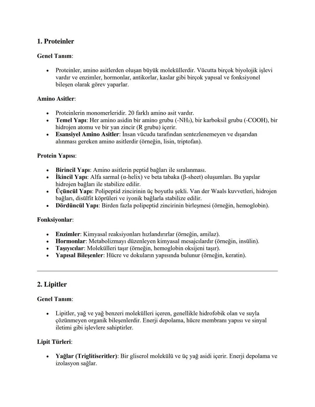 1. Proteinler
Genel Tanım:
.
Proteinler, amino asitlerden oluşan büyük moleküllerdir. Vücutta birçok biyolojik işlevi
vardır ve enzimler, ho