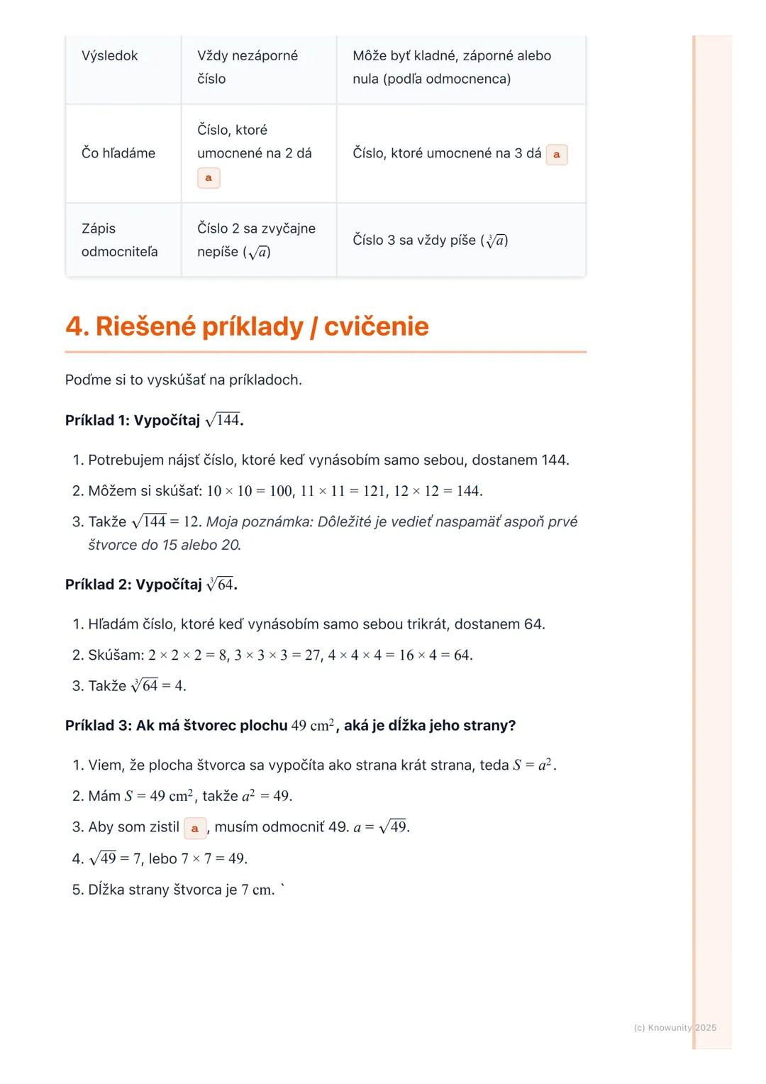 # Druhá a tretia odmocnina

1. Prehľad / úvod

Dnes sa budeme učiť o druhej a tretej odmocnine. Je to dôležité, lebo nám to
pomáha riešiť rô