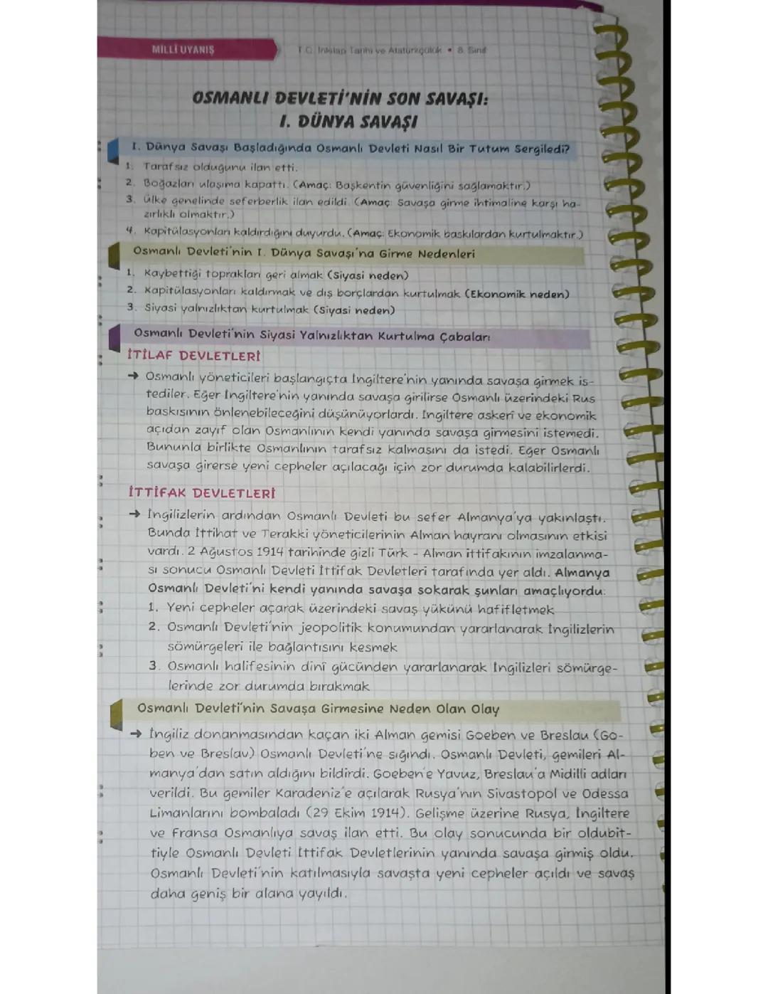 8. Sınıf inkılap Osmanlı devleti ve 1. Dünya savaşı