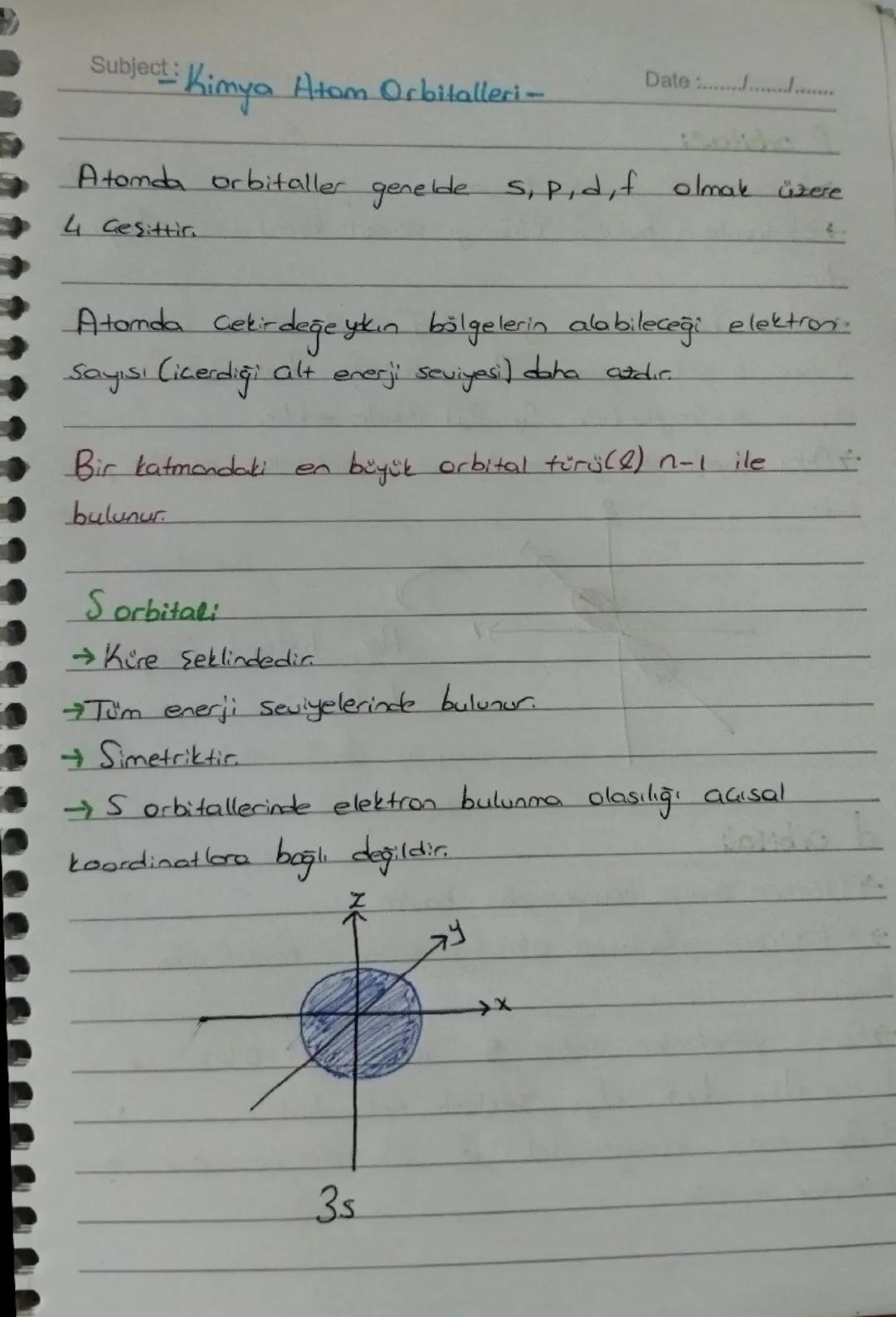 Subject: Kimya Atom Orbitalleri-
Date d
Atomda orbitaller genelde S,P,d,f olmak üzere
4 Gesittin
Atomda çekirdeğe yıkın bölgelerin alabilece