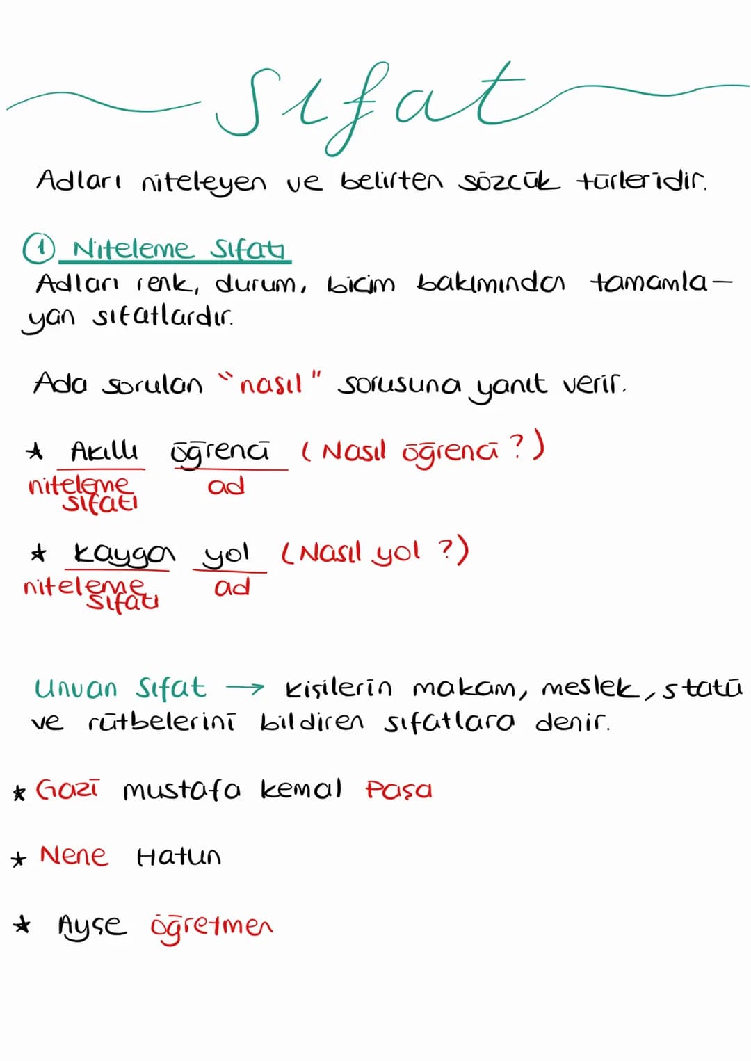 Sifat
Adları niteleyen ve belirten sözcük türleridir.
①1 Niteleme sifati
Adları renk, durum, bicim bakımından tamamla-
yan sifatlardır.
Ada 