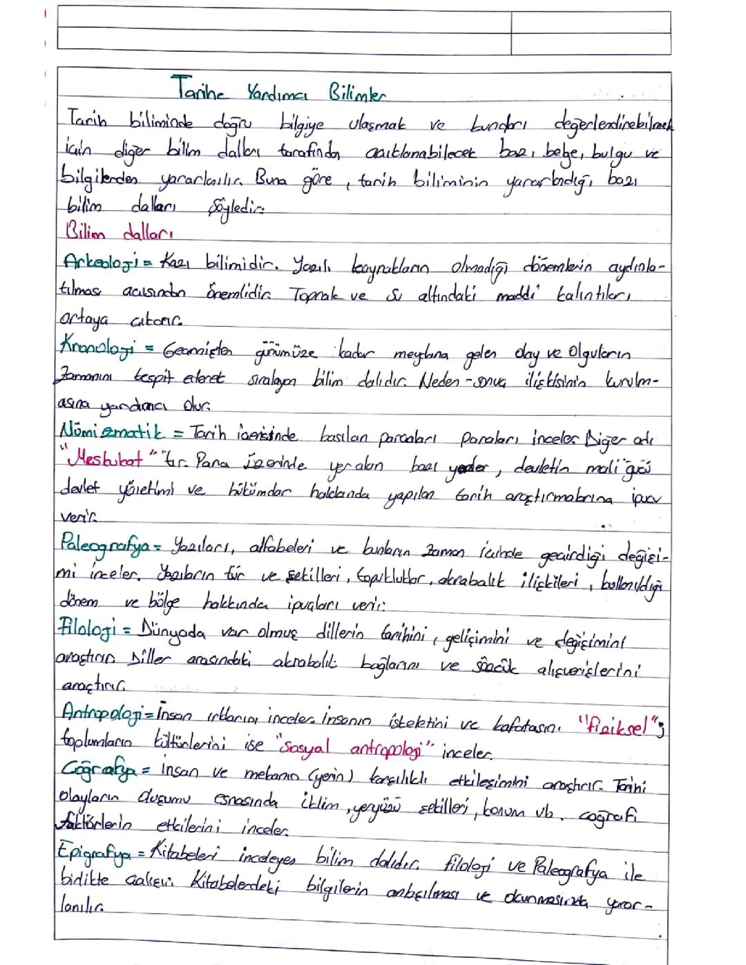 Tarihe Yardımcı Bilimler ve Alt Başlıkları