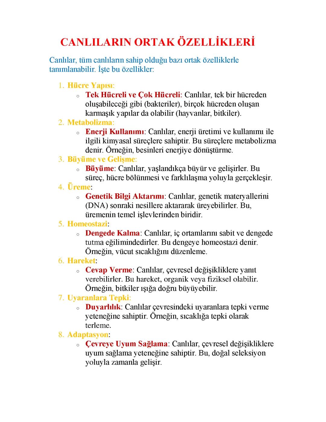 CANLILARIN ORTAK ÖZELLİKLERİ