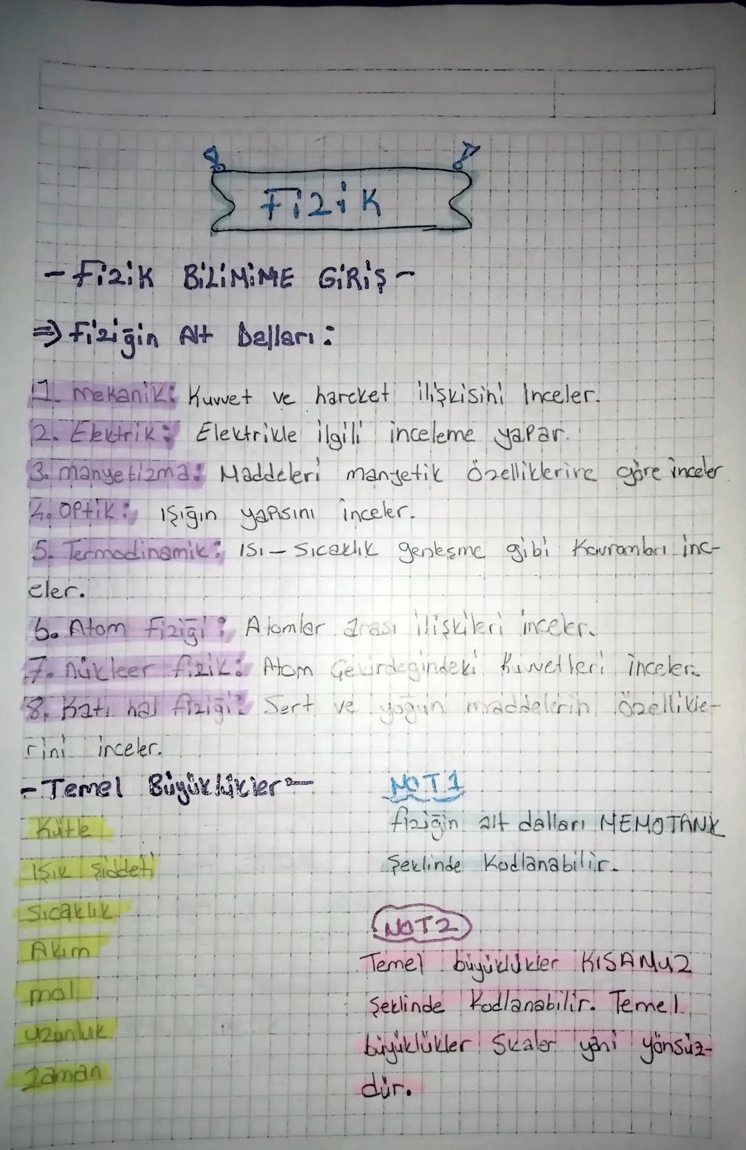 Fizik

- Fizik BİLİMİME GİRİŞ-

$Arr$ fiziğin Alt Dalları:

1. mekanik: Kuvvet ve hareket ilişkisini Inceler.
2. Elektrik: Elektrikle ilgil