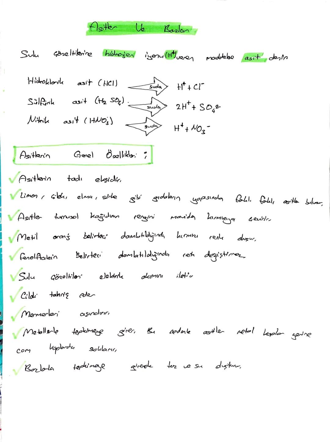 Asitler
Ve
Bazlen
Sulu
Gazeltilerine
hidrogen igonu (H) veren maddelee
asit desin
Hidroklorik
asit (HCI)
Suda
+*+ CT
Sülfürik
asit (H₂ SO₂)
