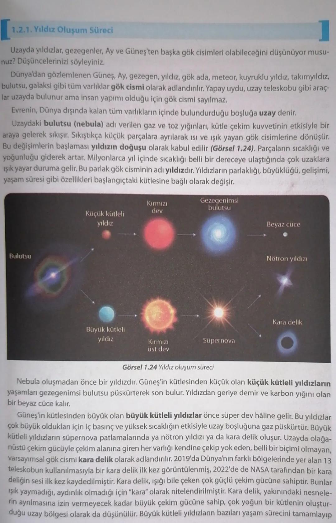 # 1.2.1. Yıldız Oluşum Süreci

Uzayda yıldızlar, gezegenler, Ay ve Güneş'ten başka gök cisimleri olabileceğini düşünüyor musu-
nuz? Düşüncel