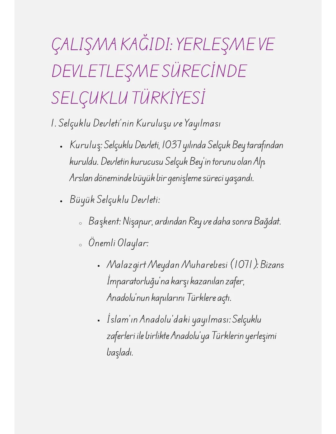 Yerleşme ve Devletleşme Sürecinde Selçuklu Türkiyesi