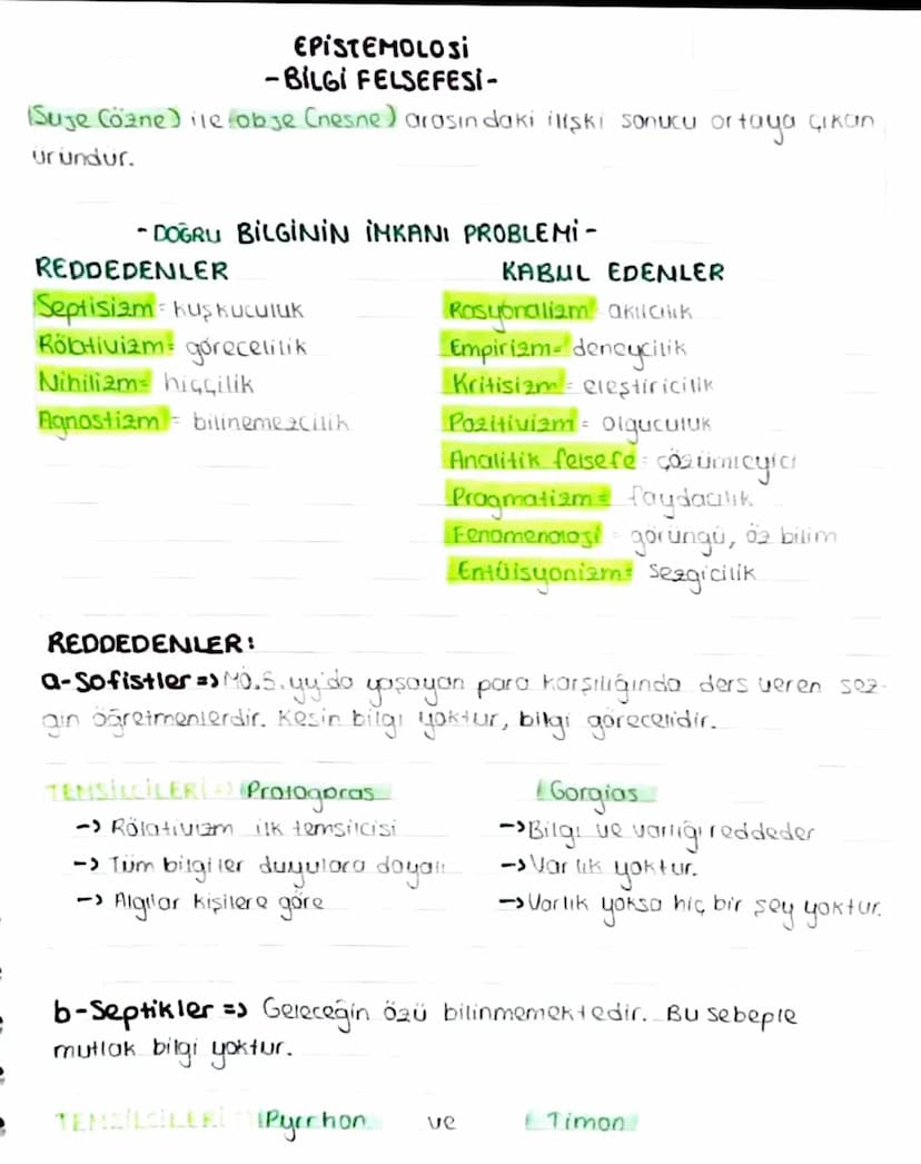 EPISTEMOLOSI
-BILGI FELSEFESİ-
(Suje (özne) ile obje (nesne) arasındaki ilişki sonucu ortaya çıkan
üründür.
- DOĞRU BİLGİNİN İMKANI PROBLEMI