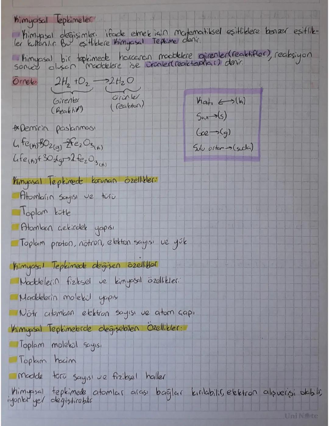 10.SINIF KIMYASAL TEPKIMELER, KORUNAN, DEGISEN, DEGISEBILEN OZELLIKLER DERS NOTU