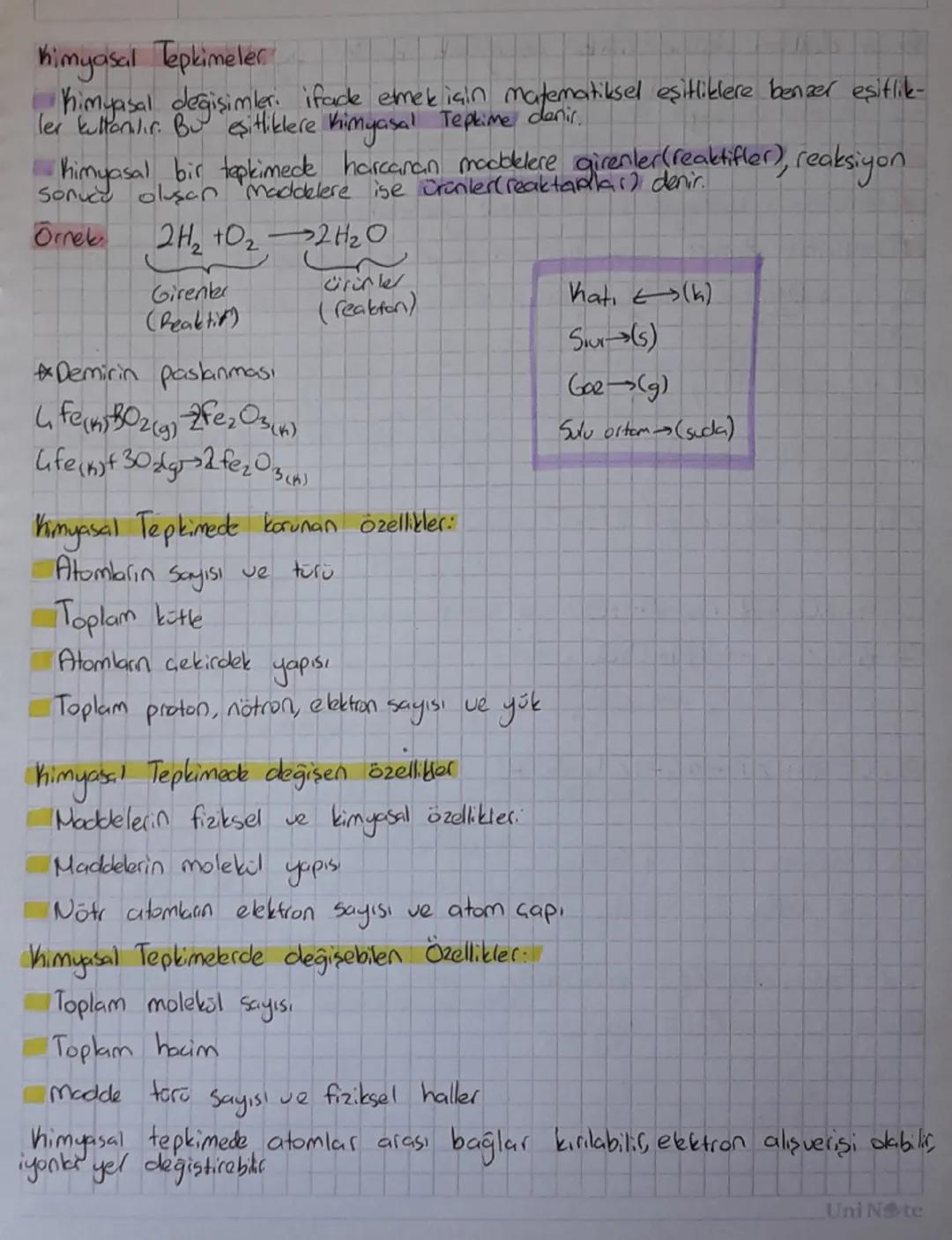 Kimyasal Tepkimeler
Kimyasal değişimler. ifade etmek için matematiksel eşitliklere benzer eşitlike-
ler kullanılır. Bu eşitliklere kimyasal 