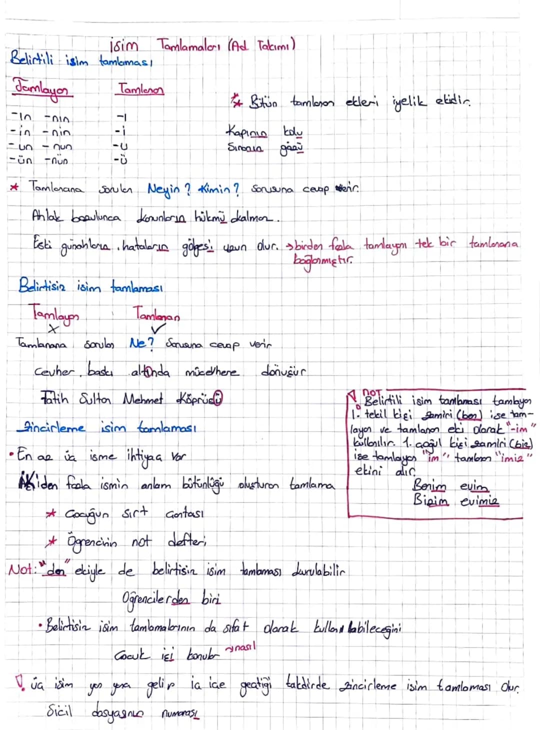 Tamlanan
010
-1
-i
İsim Tamlamaları (Ad Takımı)
Belirtili isim tamlaması
Jamlayar
-10
-in-nin
Fun - nun.
* Bütün tamlaron ekleri iyelik ekid