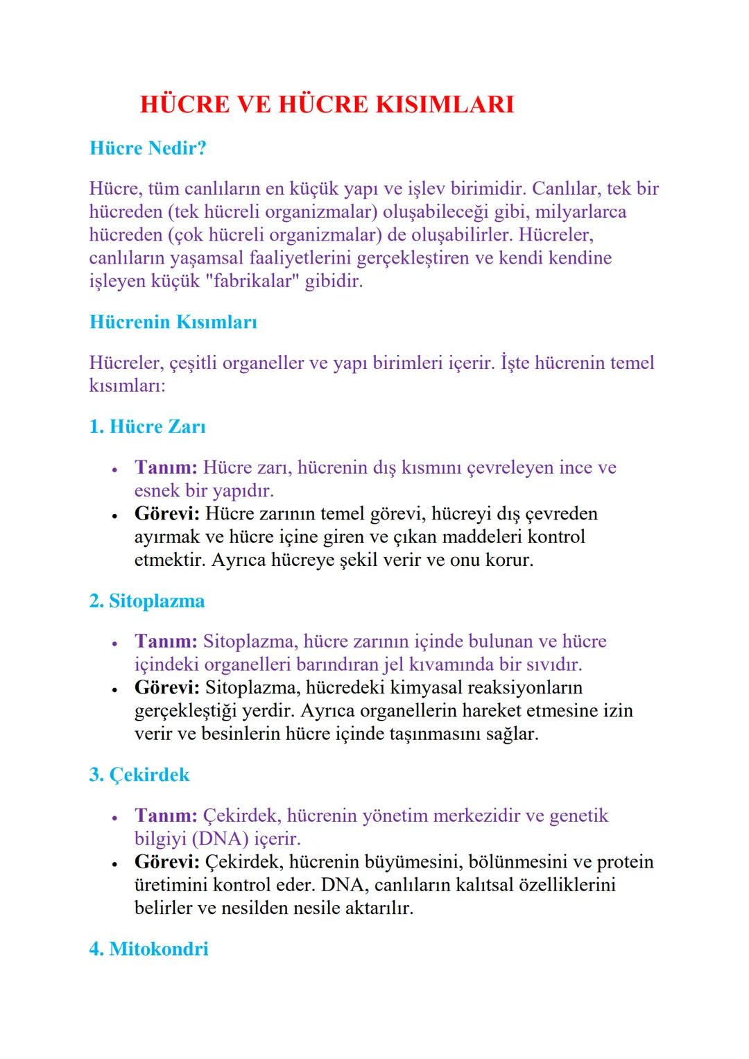 HÜCRE VE HÜCRE KISIMLARI
Hücre Nedir?
Hücre, tüm canlıların en küçük yapı ve işlev birimidir. Canlılar, tek bir
hücreden (tek hücreli organi