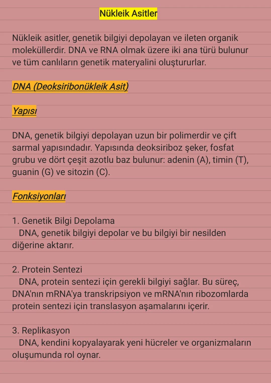 Nükleik Asitler
Nükleik asitler, genetik bilgiyi depolayan ve ileten organik
moleküllerdir. DNA ve RNA olmak üzere iki ana türü bulunur
ve t