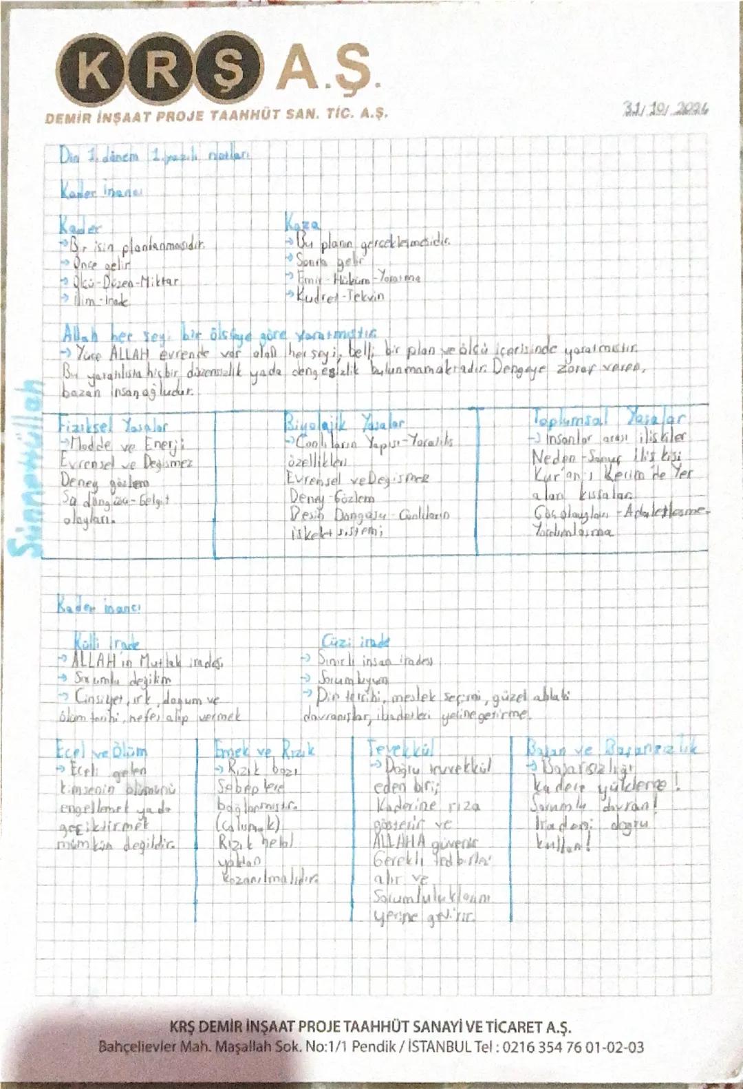 8. Sınıf Din Kültürü Ders Notları: 1. Dönem 1. Yazılı