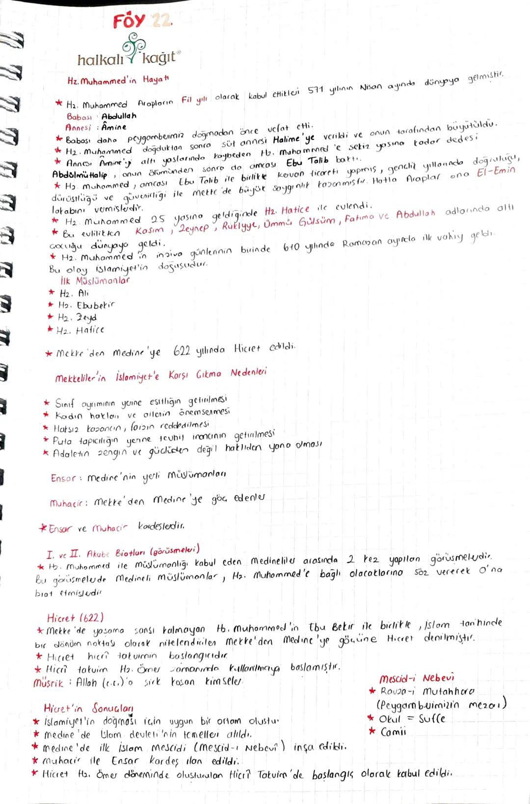 FOY:22.
halkalı
kağıtⓇ
Hz. Muhammed'in Hayatı
* H2. Muhammed Arapların Fil yılı olarak kabul ettikleri 571 yılının Nisan ayında dünyaya gelm