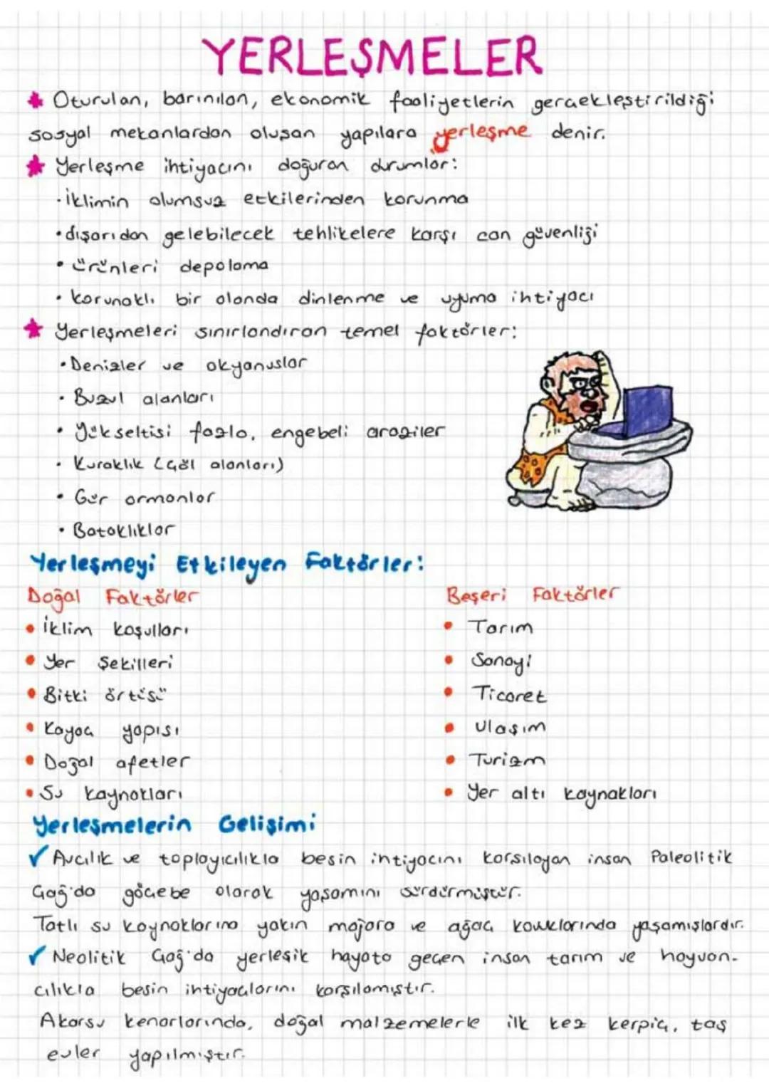 # YERLEŞMELER

* Oturulan, barınılan, ekonomik faoliyetlerin gerçekleştirildiği
sosyal mekanlardan oluşan yapılara yerleşme denir.
* Yerleşm