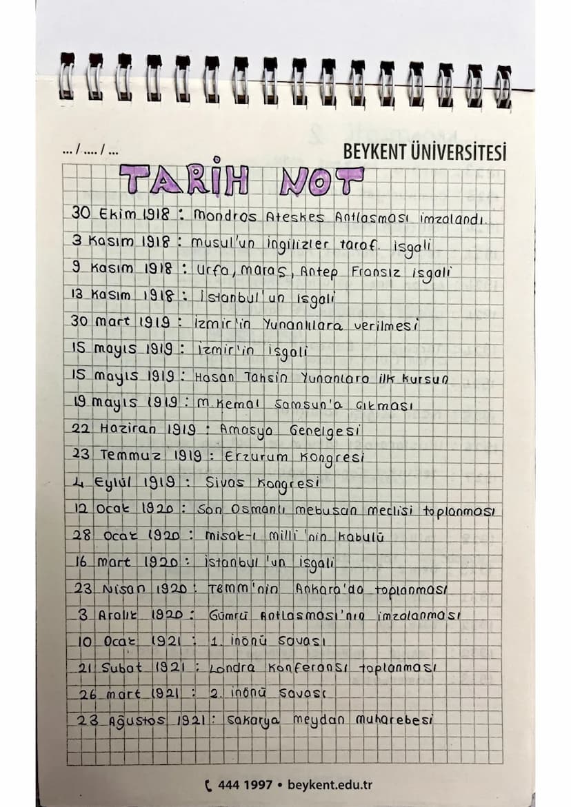 .../...../...
BEYKENT ÜNİVERSİTESİ
TARIH NOT
30 Ekim 1918: Mondros Ateskes Antlasması imzalandı.
3 Kasım 1918: musul'un ingilizler taraf isg