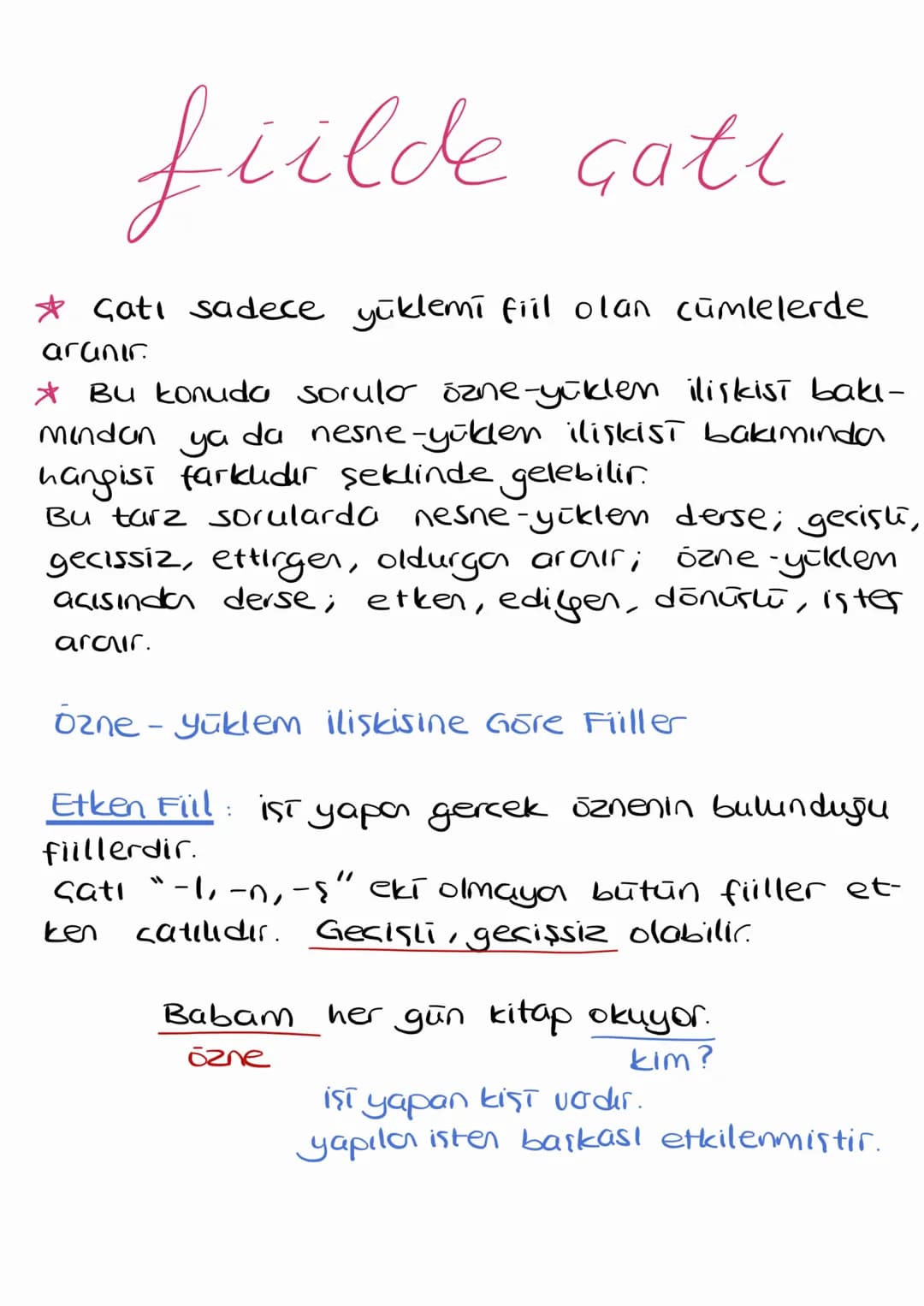 fiilde cati
✰ çatı sadece yüklemi fiil olan cümlelerde
aranır.
* Bu konuda sorular ōzne-yüklen ilişkisi bakı-
Mindan da nesne-yüklen ilişkis