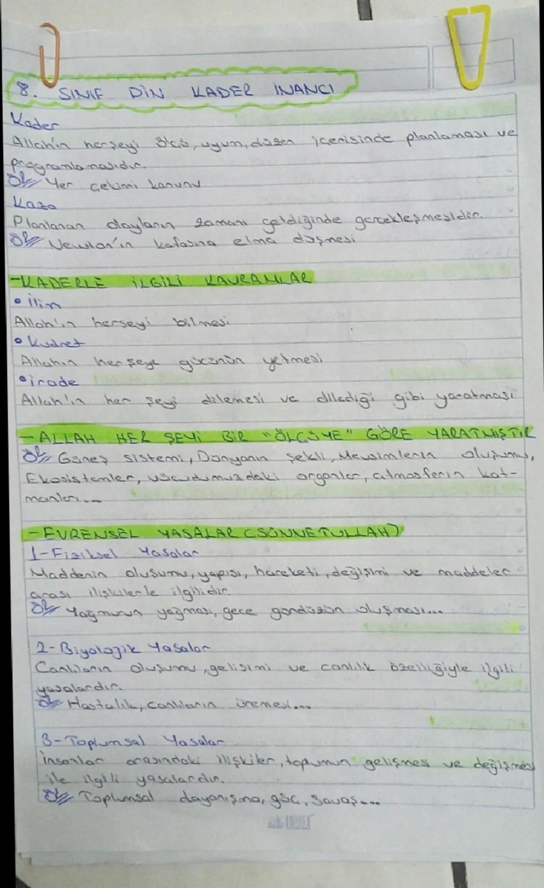 # 8. SINIF DİN KADER İNANCI

Kader

Allah'ın herşeyi ölçü, uyum, düzen içerisinde planlaması ve programlamasıdır.

*   Yer çekimi kanunu

Ka