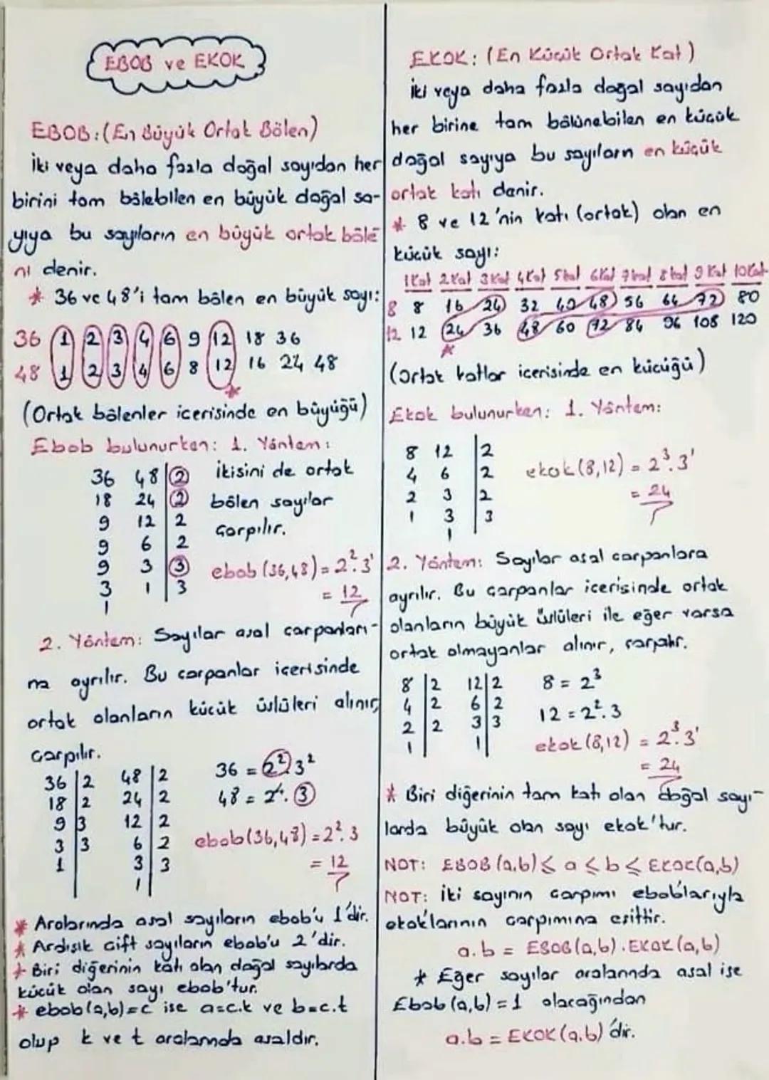 # EBOB ve EKOK

ΕΚΟΚ: (Επ Κύçük Ortak Kat)
İki veya daha fazla doğal sayıdan
her birine tam bölünebilen en küçük
doğal sayıya bu sayılarn en