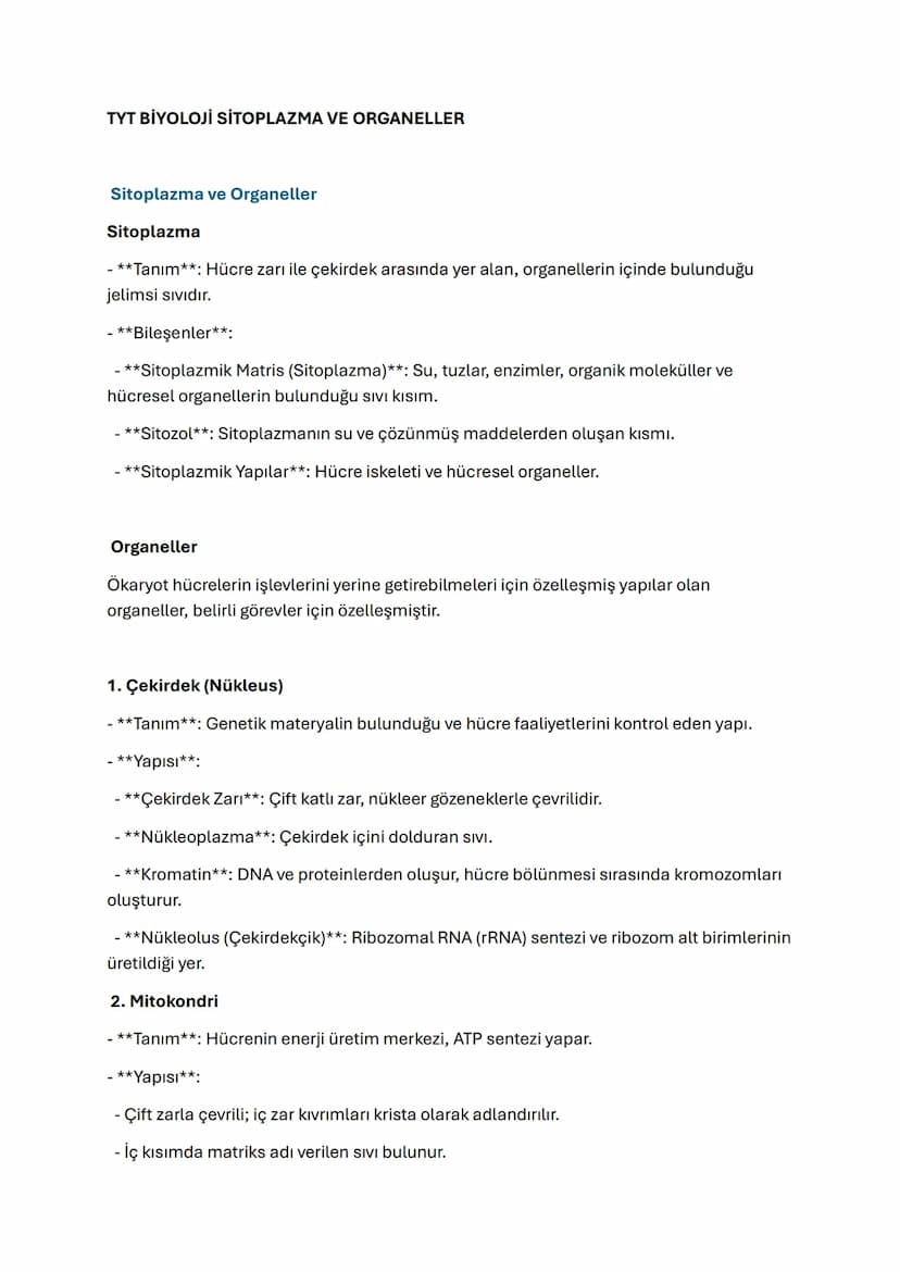 TYT BİYOLOJİ SİTOPLAZMA VE ORGANELLER
Sitoplazma ve Organeller
Sitoplazma
- **Tanım**: Hücre zarı ile çekirdek arasında yer alan, organeller