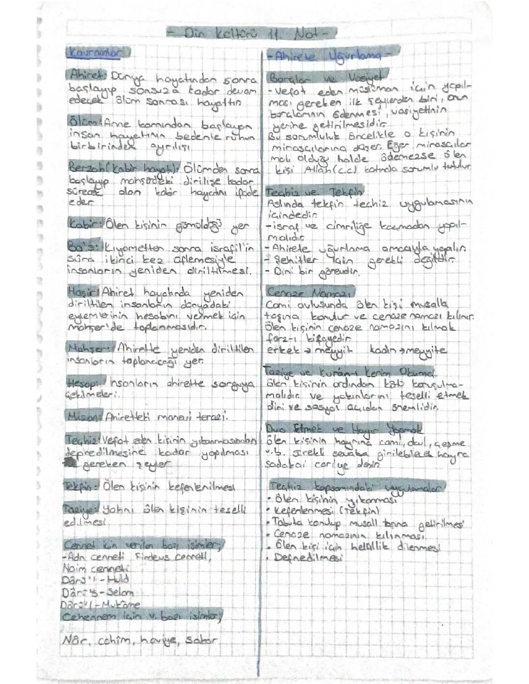 11. Sınıf din kültürü ilk yazılı notları