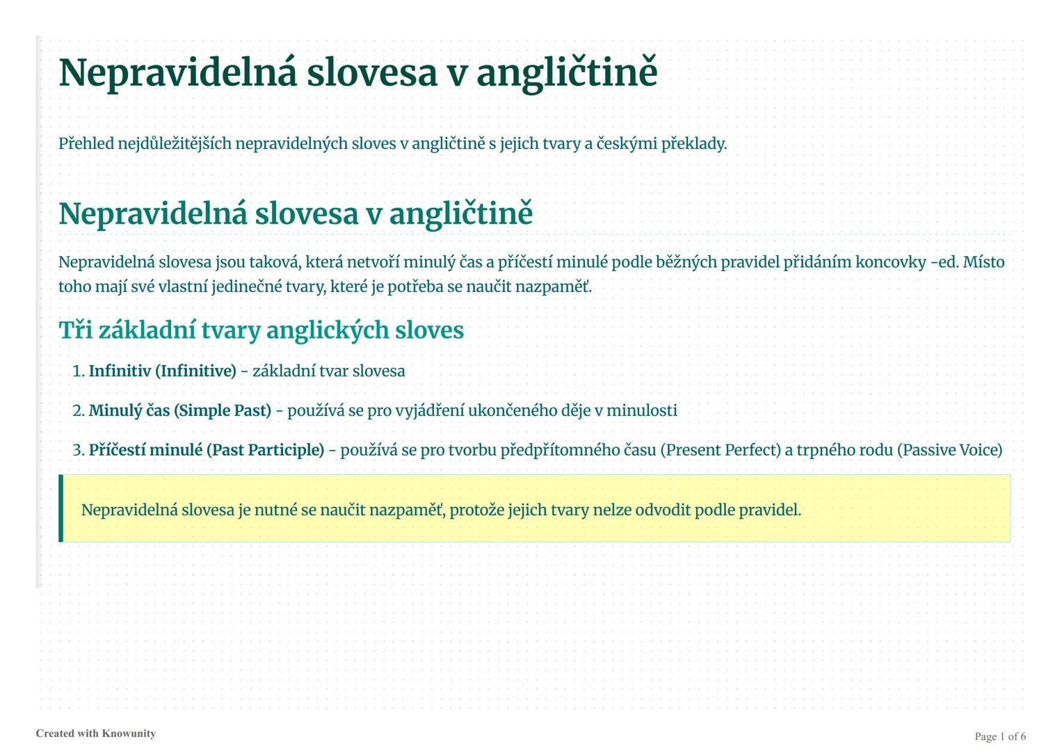 Nepravidelná slovesa v angličtině
Přehled nejdůležitějších nepravidelných sloves v angličtině s jejich tvary a českými překlady.
Nepravideln
