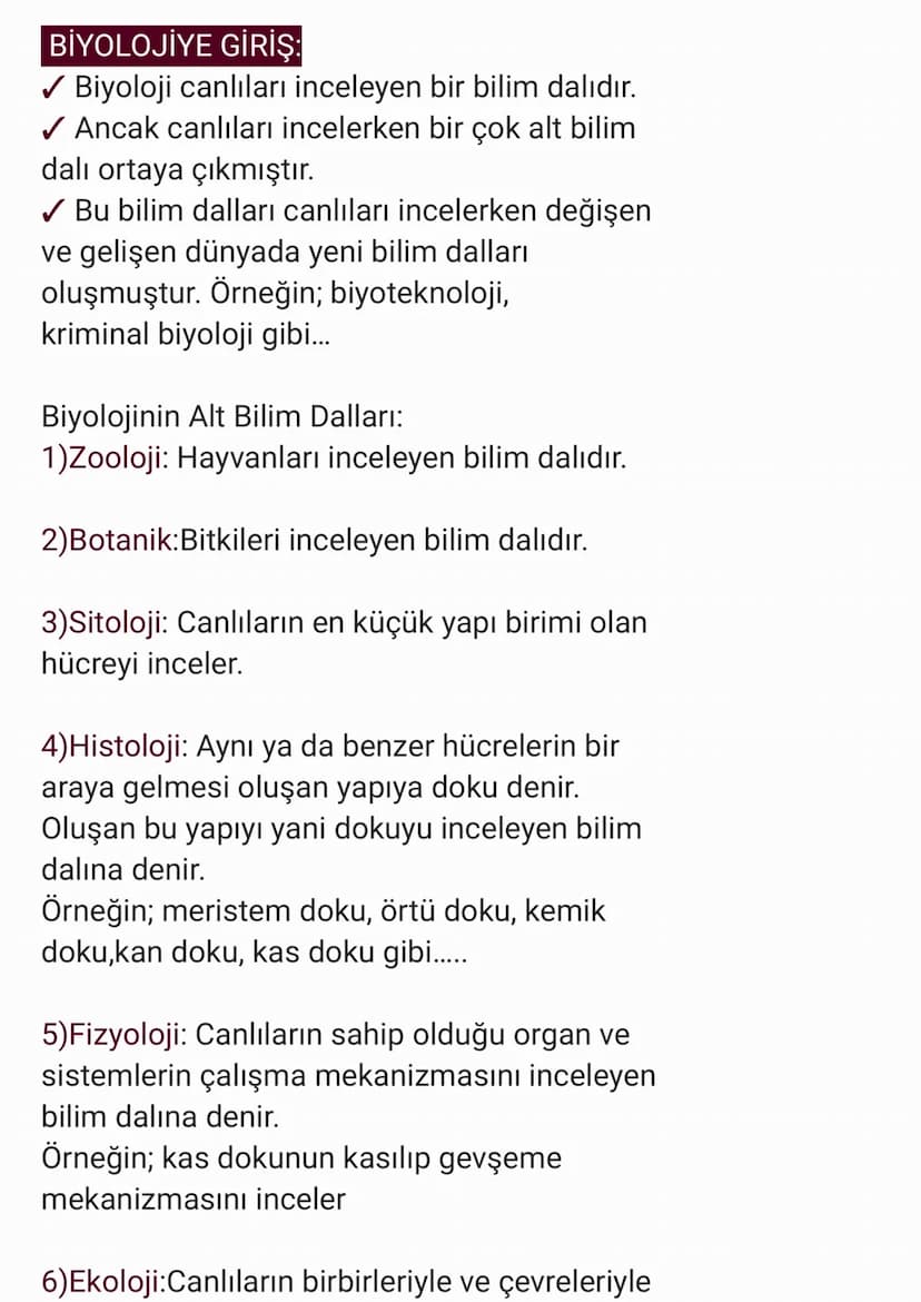 BİYOLOJİYE GİRİŞ:
✓ Biyoloji canlıları inceleyen bir bilim dalıdır.
✓ Ancak canlıları incelerken bir çok alt bilim
dalı ortaya çıkmıştır.
✓ 
