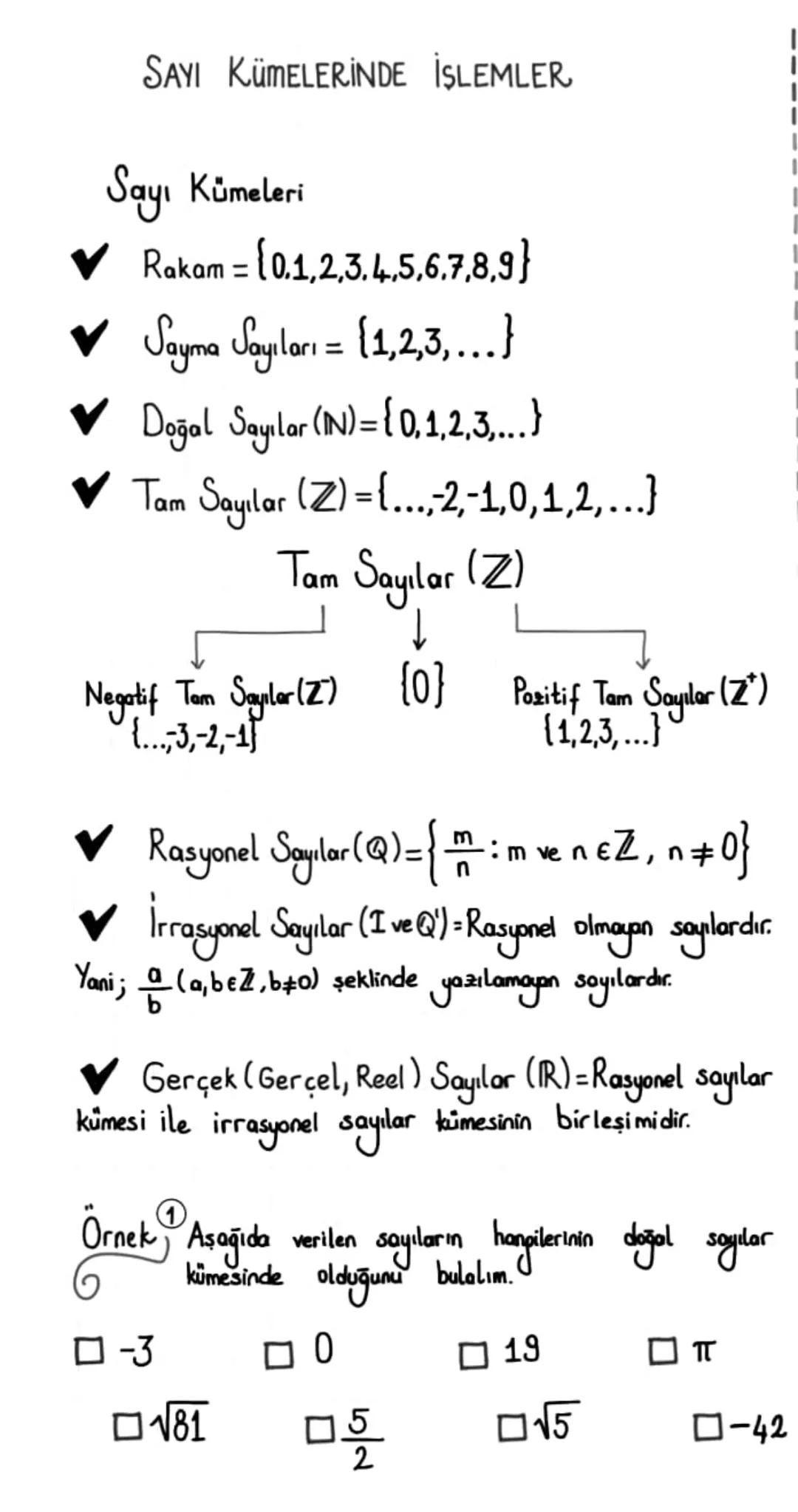 SAYI KÜMELERİNDE İŞLEMLER
Sayı Kümeleri
♥ Rakam = {0,1,2,3,4,5,6,7,8,9}
✓ Sayma Sayıları = (1,2,3,...}
✓ Doğal Sayılar (N) = {0,1,2,3,...)
✓