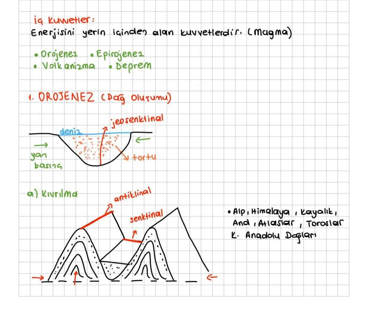 iq Kuwetler:
Enerjisini yerin içinden alan kuvvetlerdir. (magma)
•Orojenez Epirojenes
0
• Volkanizma
• Deprem
1. OROJENEZ CDağ Oluşumu)
jeos