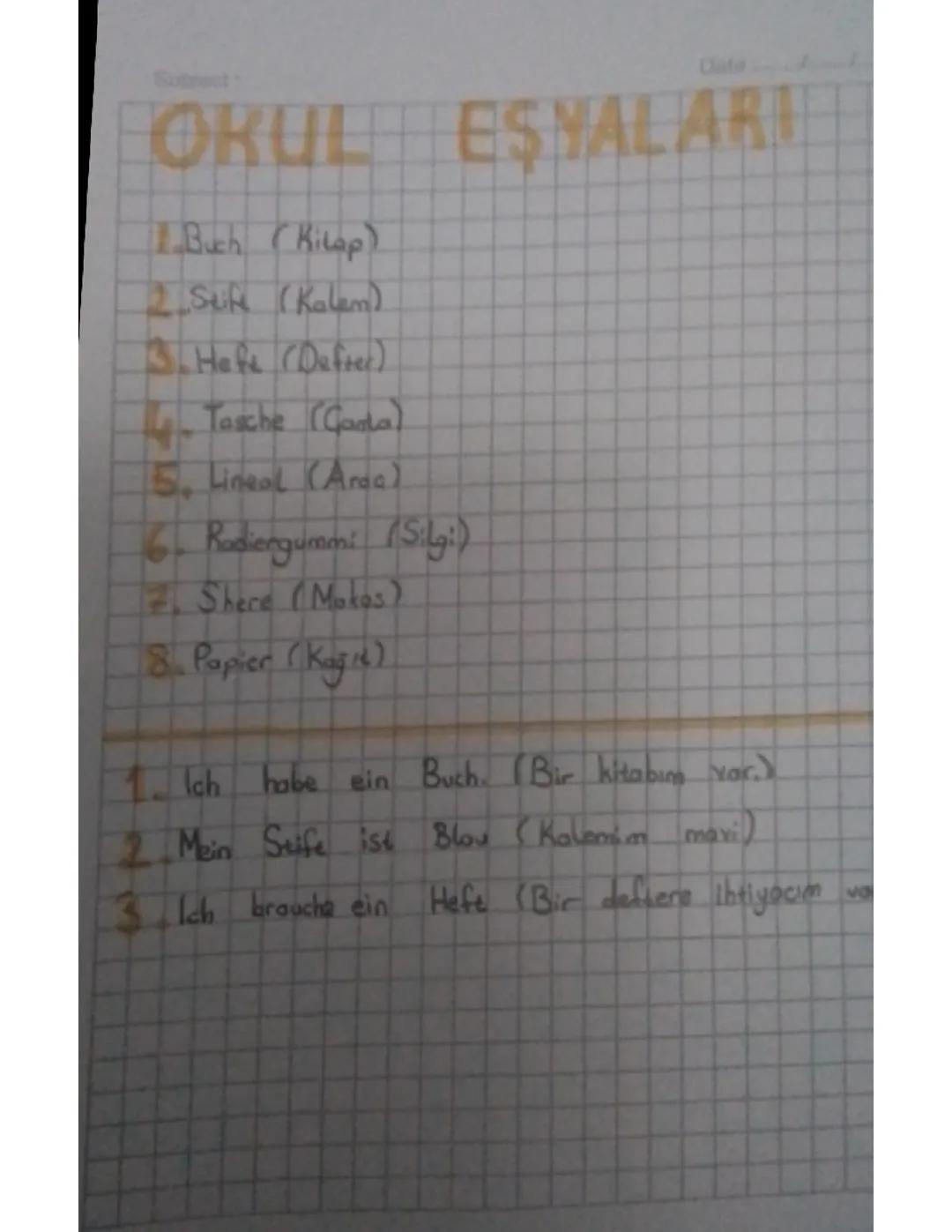 Almanca okul eşyaları 