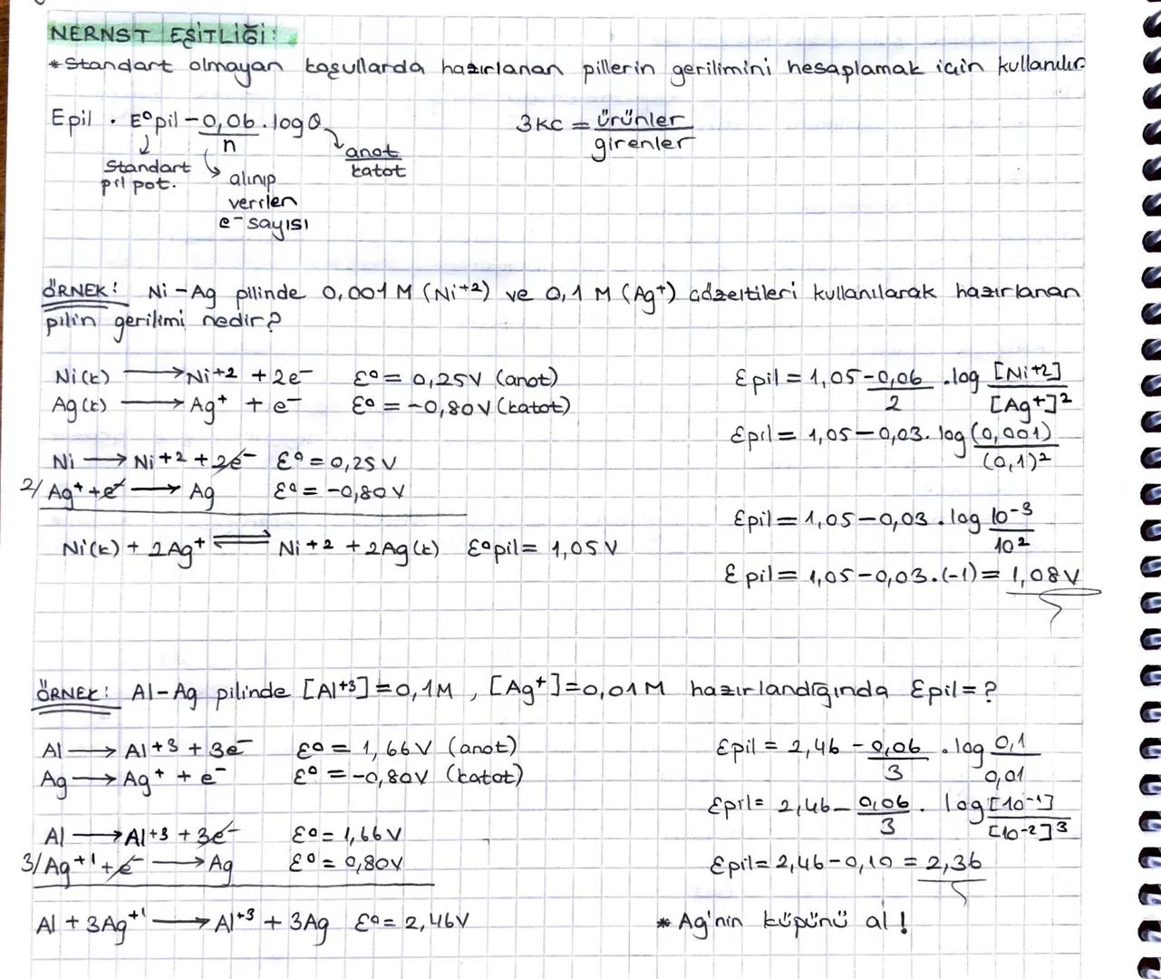 # NERNST EŞİTLİĞİ:
* Standart olmayan koşullarda hazırlanan pillerin gerilimini hesaplamak için kullanılır

Epil Epil-0,0b.l0902

3kc ürünle