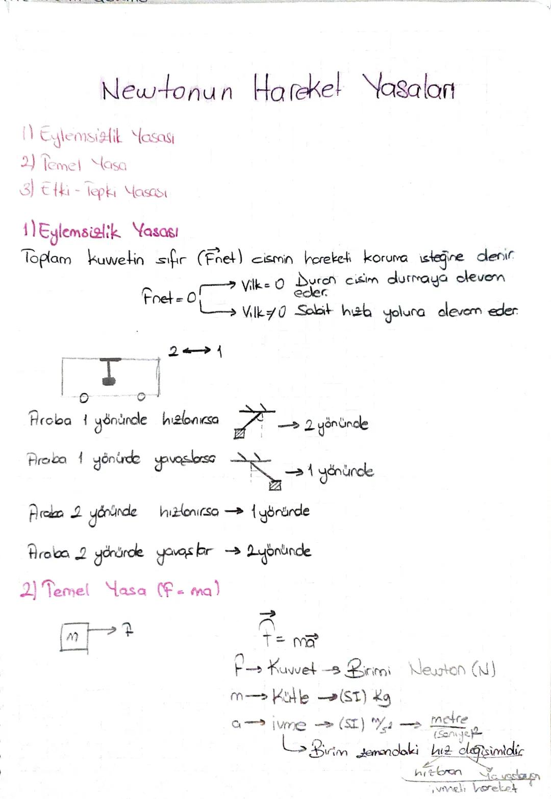 # Newtonun Hareket Yasaları

11 Eylemsizlik Yasasi

2) Temel Yasa

3) Etki-Tepki Yasası

11 Eylemsizlik Yasası

Toplam kuwetin sıfır (Fnet) 