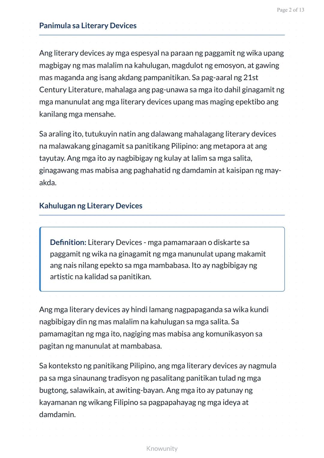 Pagkilala at Pagsusuri ng Literary Devices: Metapora at Tayutay
Pag-aaral ng mga literary devices sa panitikang
Pilipino
Mga Layuning Pang-e