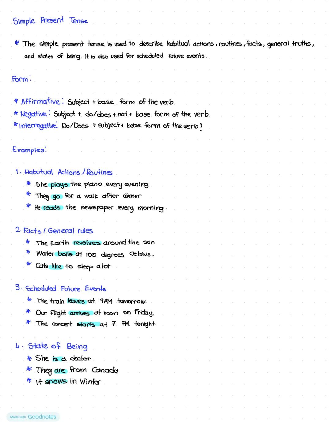 Simple Present Tense
*The simple present tense is used to describe habitual actions, routines, facts, general truths,
and states of being. I