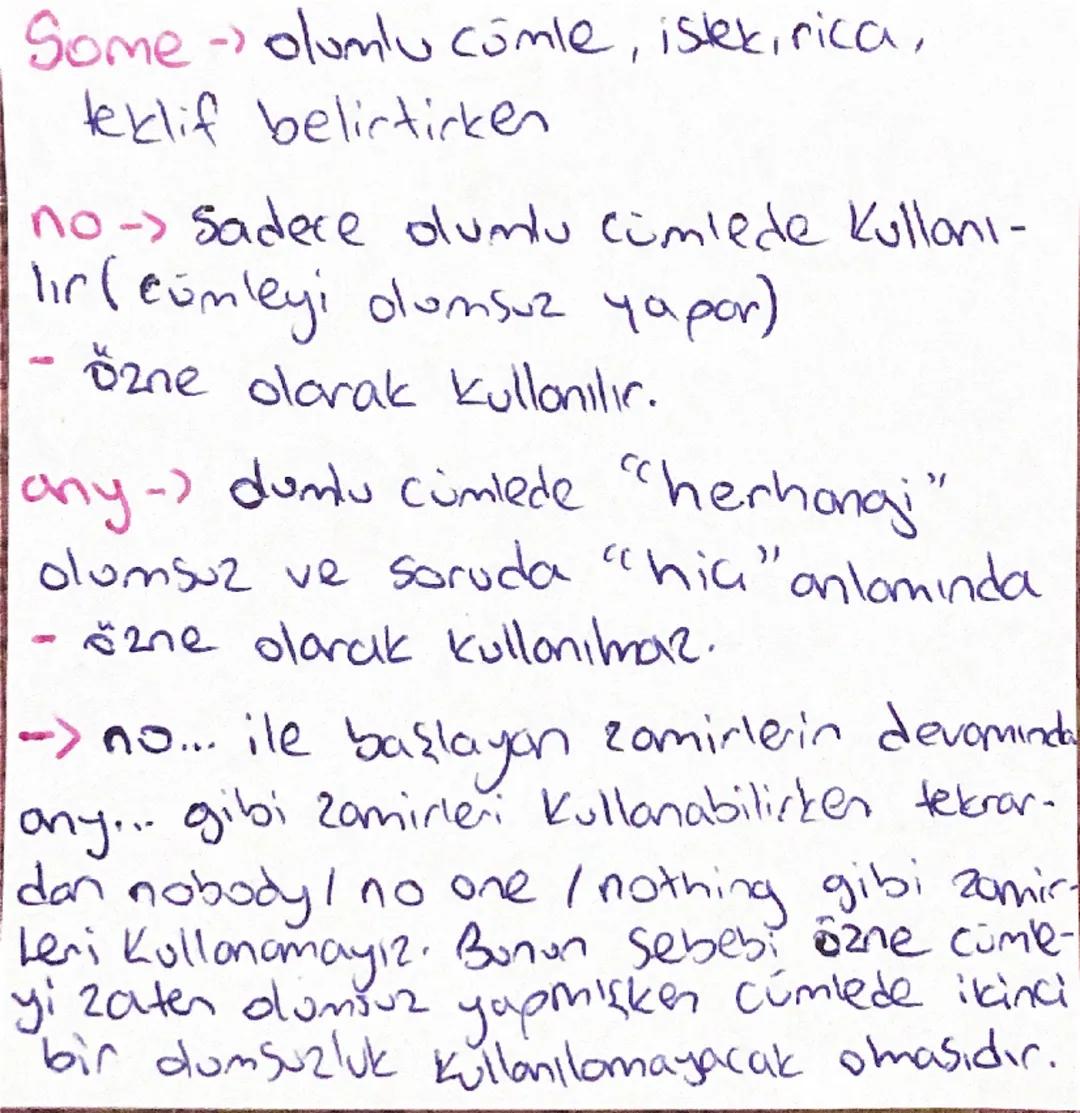 - indefinite Pronouns-
Sonu body ve one
ile bitenler -> insonlar için
thing ile bitenler nesneler için
(consız varliklar)
where ile bitenler
