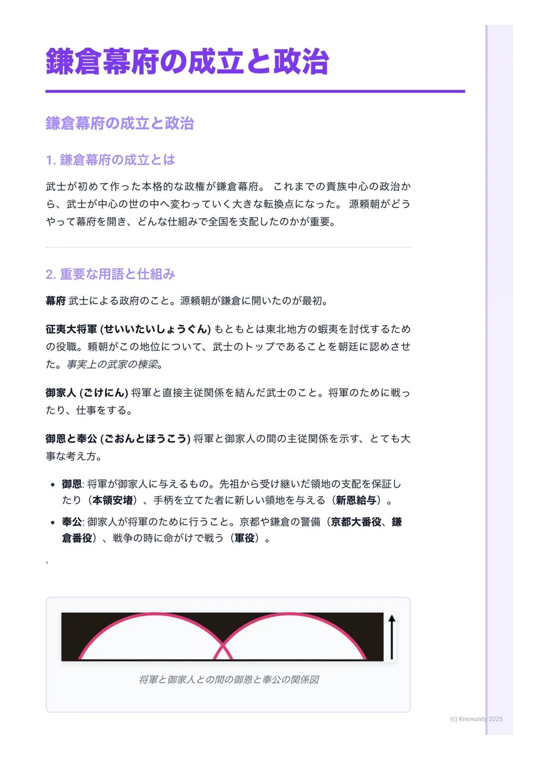 # 鎌倉幕府の成立と政治

鎌倉幕府の成立と政治

1. 鎌倉幕府の成立とは

武士が初めて作った本格的な政権が鎌倉幕府。これまでの貴族中心の政治か
ら、武士が中心の世の中へ変わっていく大きな転換点になった。源頼朝がどう
やって幕府を開き、どんな仕組みで全国を支配したのかが重要。