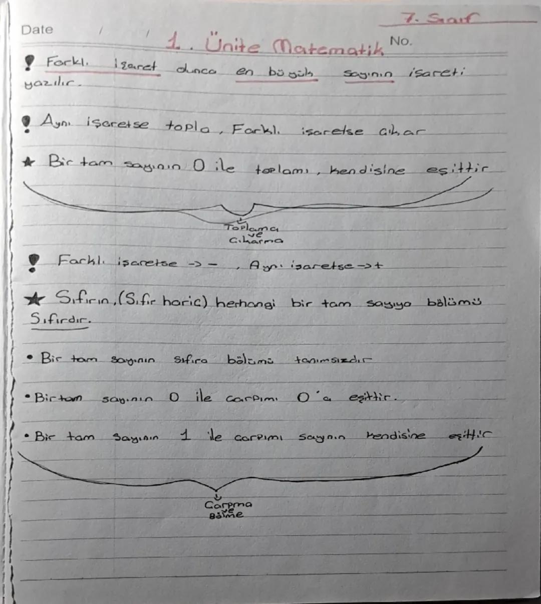 Date / 7. Starf

1. Ünite Matematik No.

! Forkl işaret dunca en büyük sayının işareti
yazılır.

! Aynı işaretse topla, Farkl. isarelse çıka
